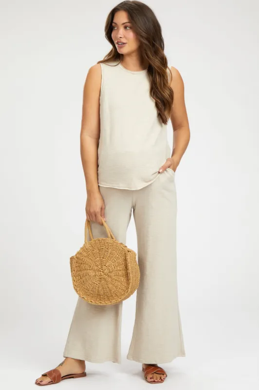 Beige Slub Knit Maternity Pants Set sold by Pinkblush