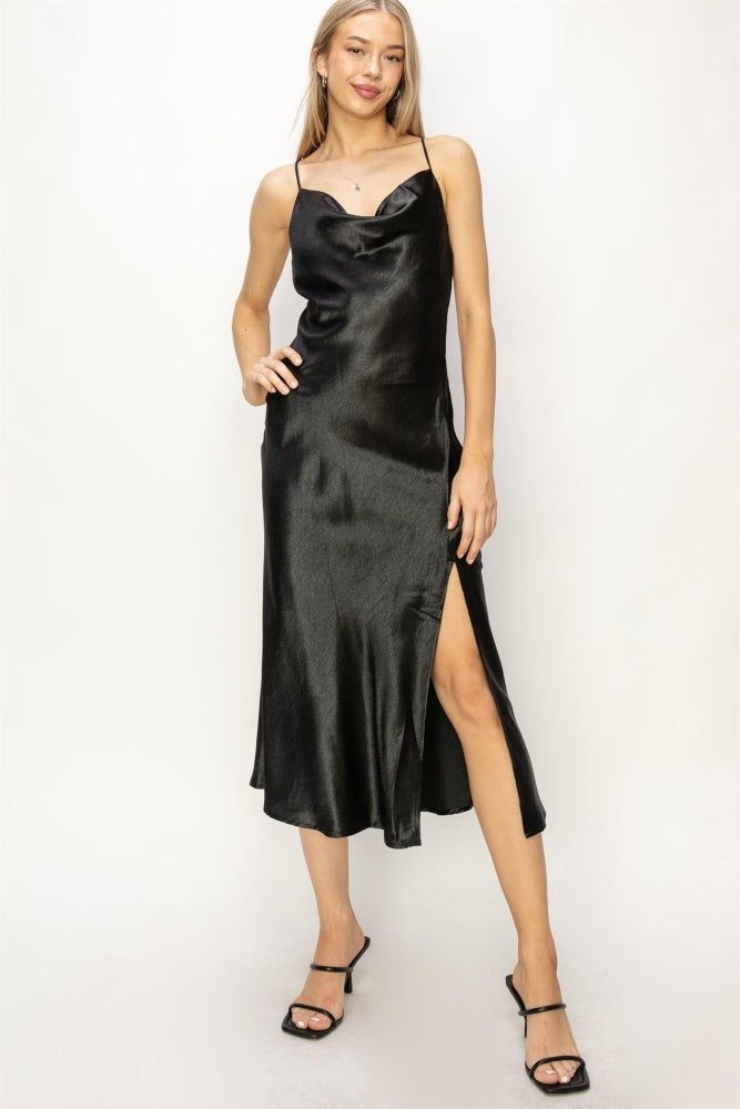 Black Satin Cowl Neck Midi Dress sold by Pinkblush
