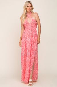 Coral Floral Halter Neck Maxi Dress sold by Pinkblush