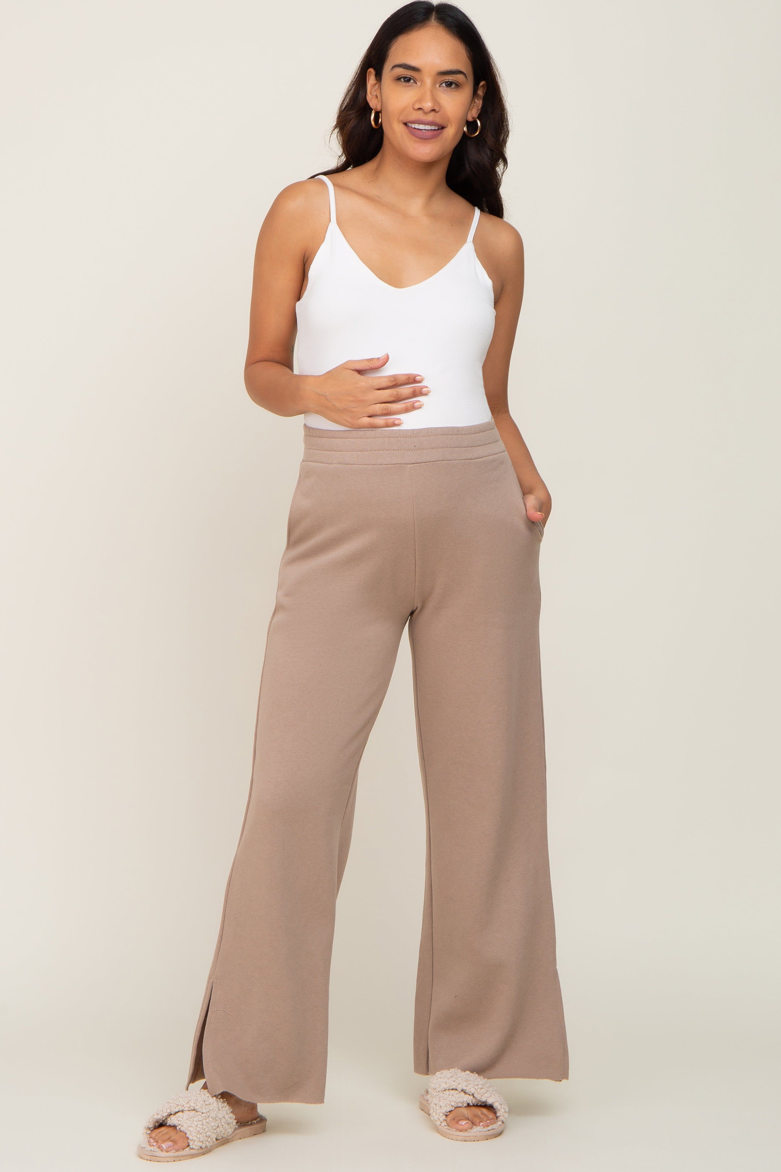Taupe Soft Wide Leg Side Slit Maternity Sweatpants sold by Pinkblush