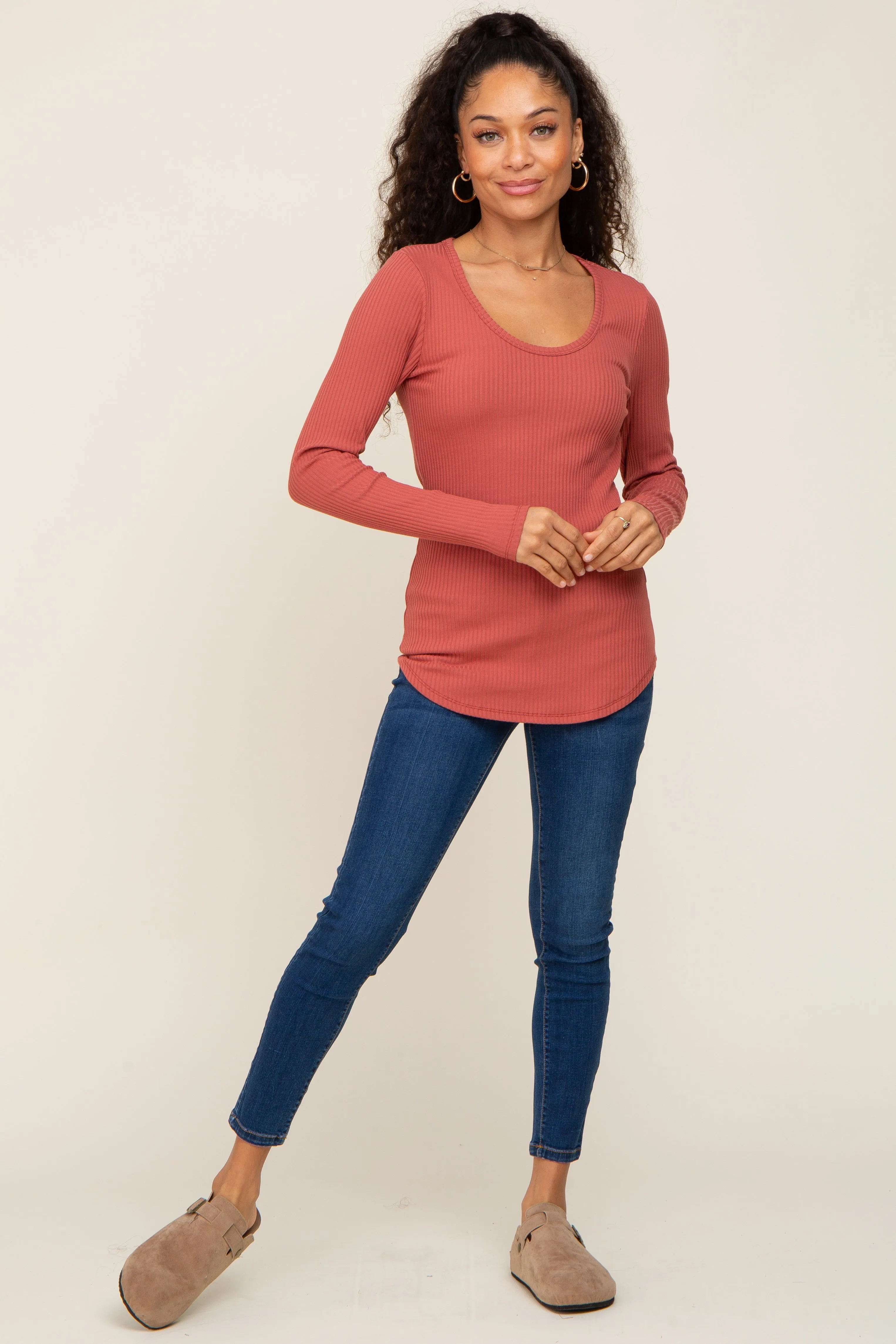 Rust Ribbed Scoop Neck Long Sleeve Top sold by Pinkblush product image thumbnail 4
