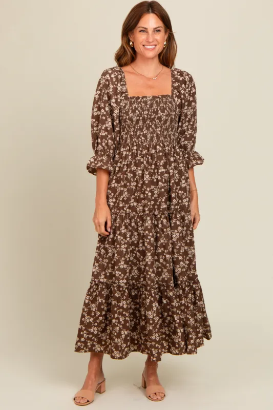 Brown Smocked Tiered Pocketed Midi Dress sold by Pinkblush
