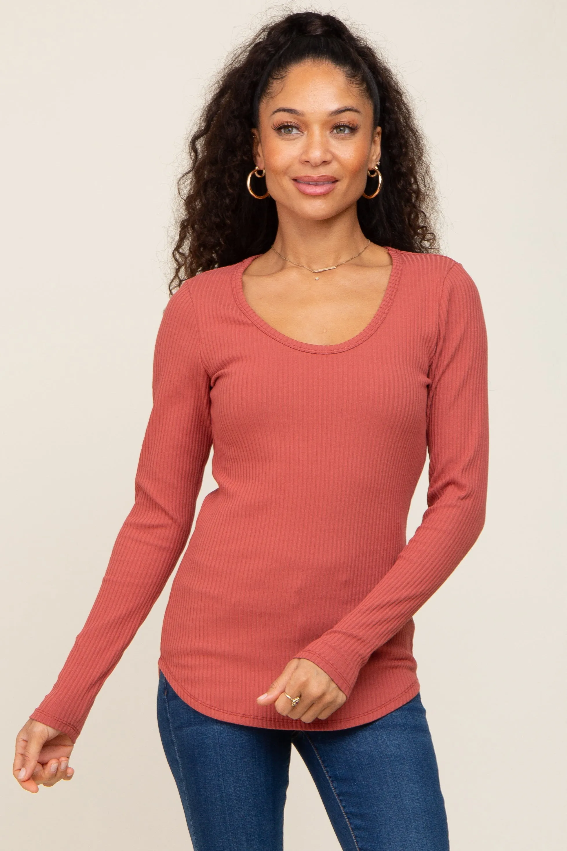 Rust Ribbed Scoop Neck Long Sleeve Top sold by Pinkblush