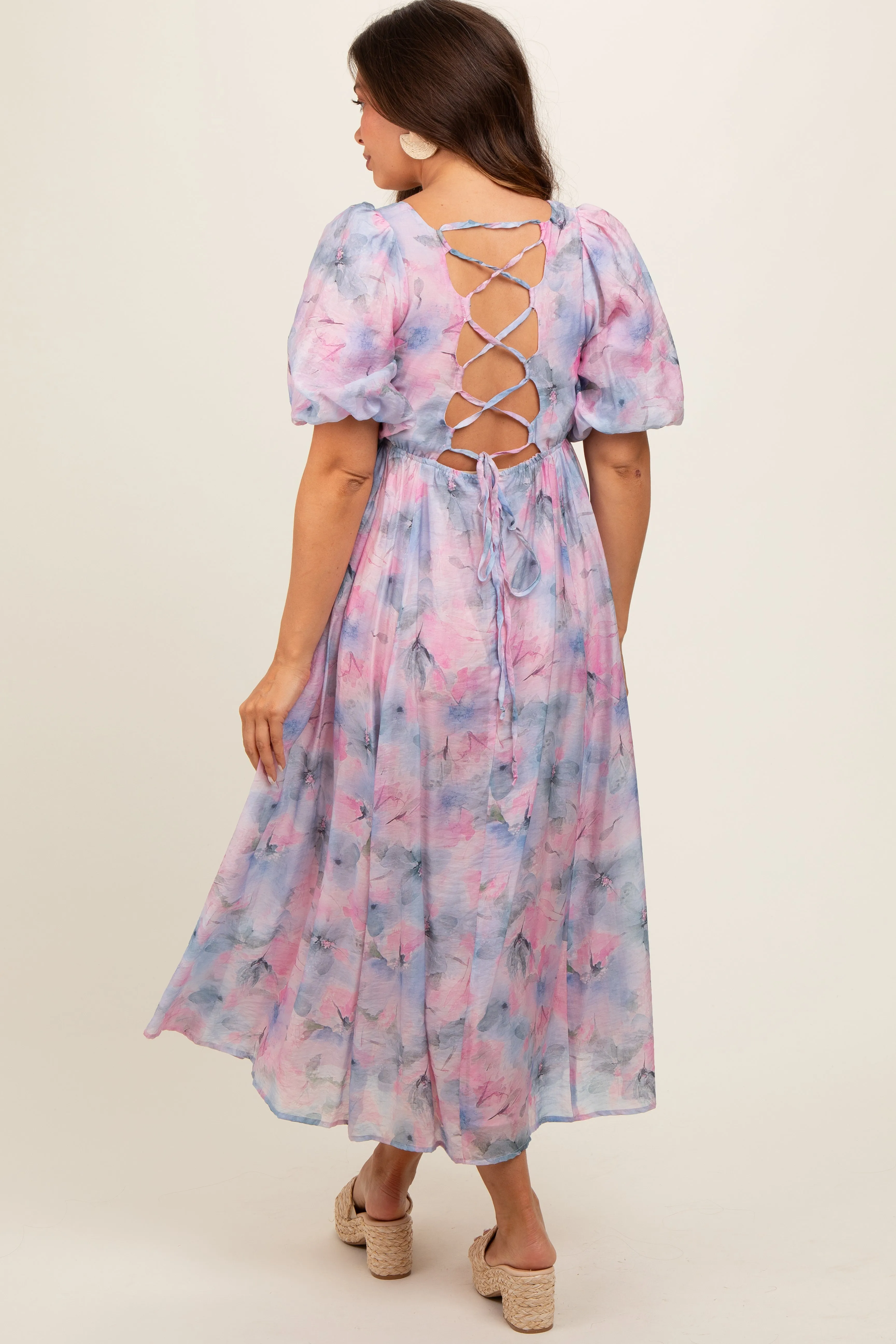 Lavender Floral Square Neck Short Puff Sleeve Lace-Up Back Maternity Midi Dress sold by Pinkblush product image thumbnail 2