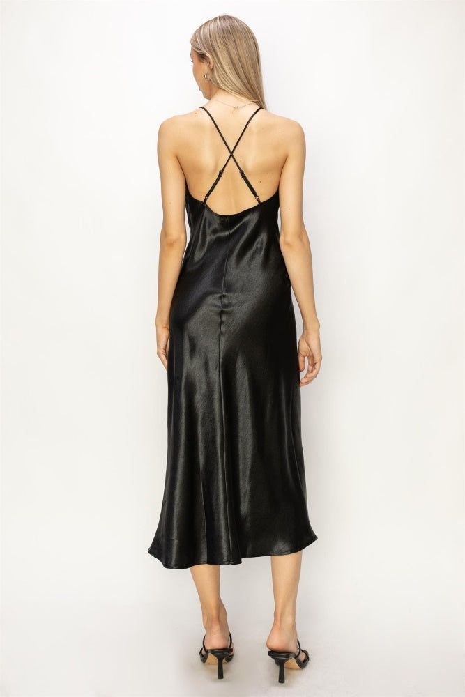 Black Satin Cowl Neck Midi Dress sold by Pinkblush product image thumbnail 2