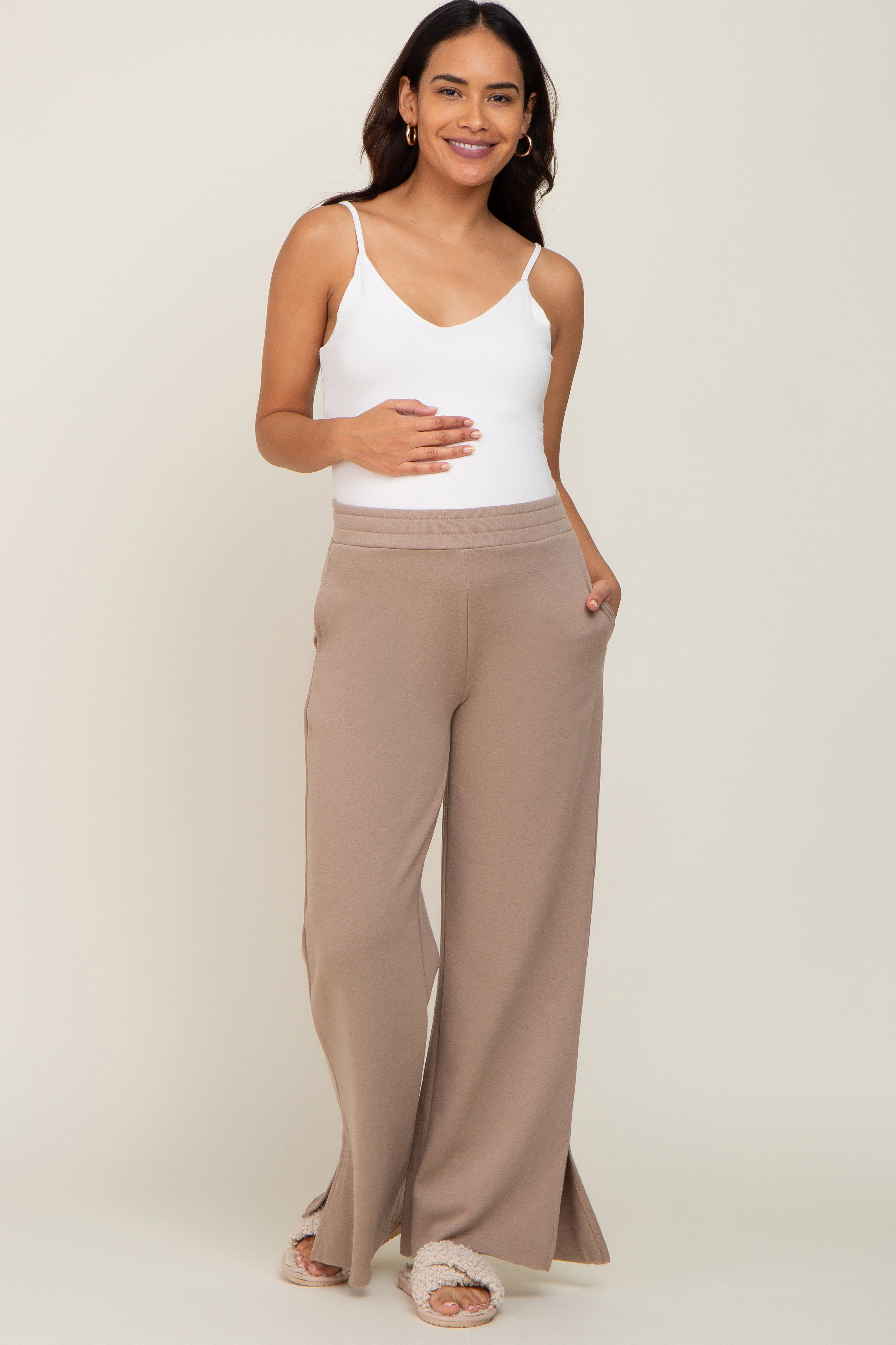 Taupe Soft Wide Leg Side Slit Maternity Sweatpants sold by Pinkblush product image thumbnail 2