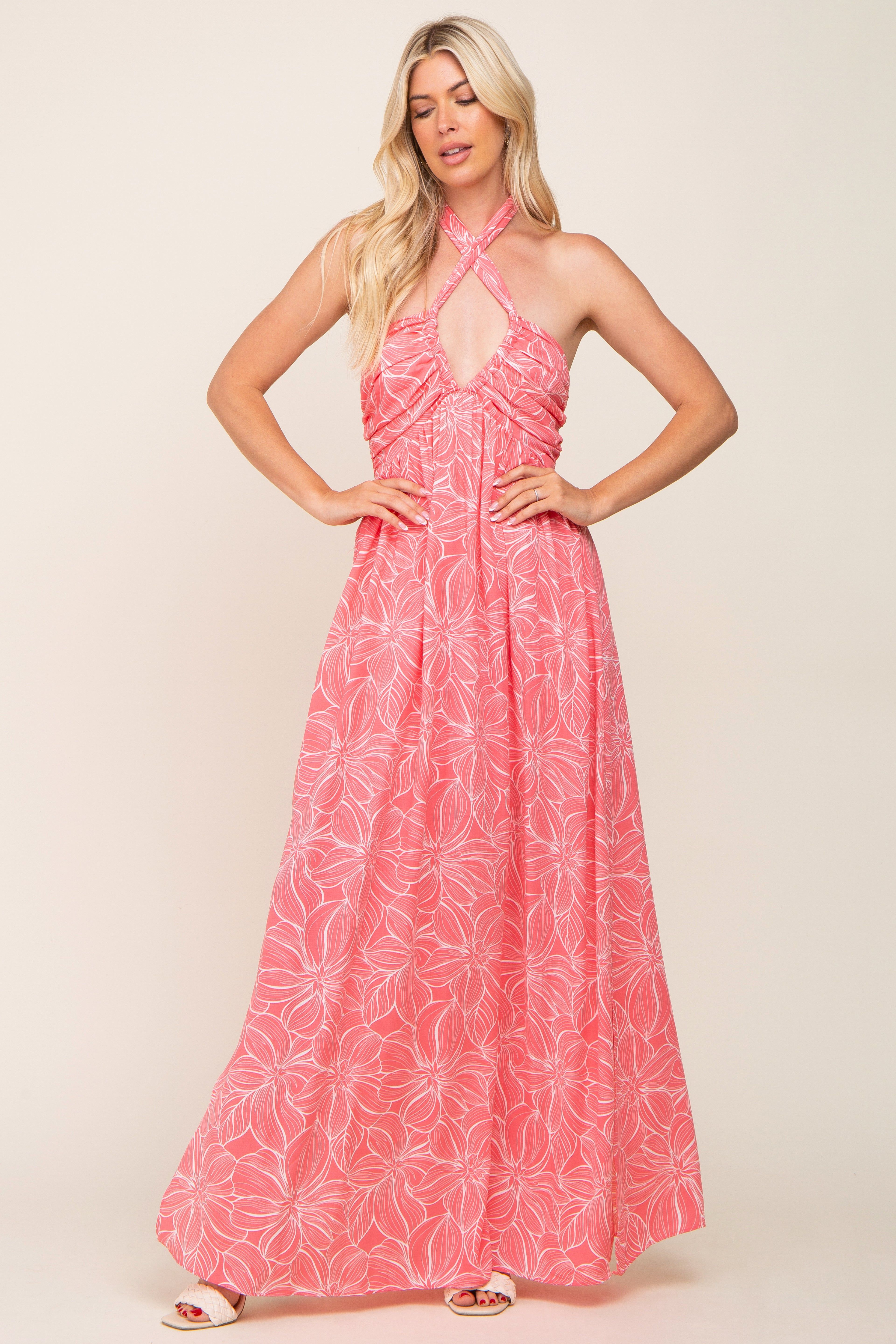 Coral Floral Halter Neck Maxi Dress sold by Pinkblush