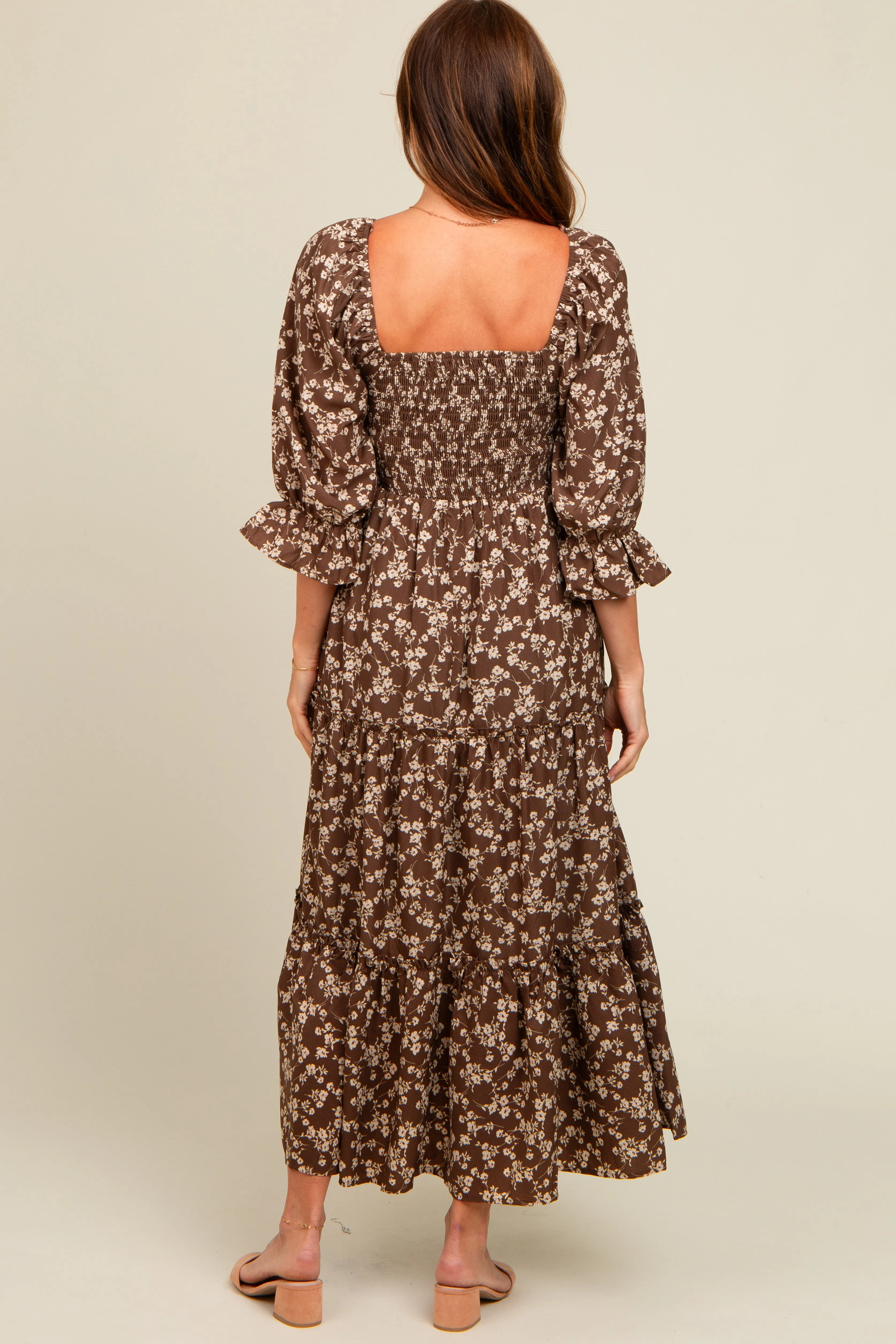 Brown Smocked Tiered Pocketed Midi Dress sold by Pinkblush product image thumbnail 3