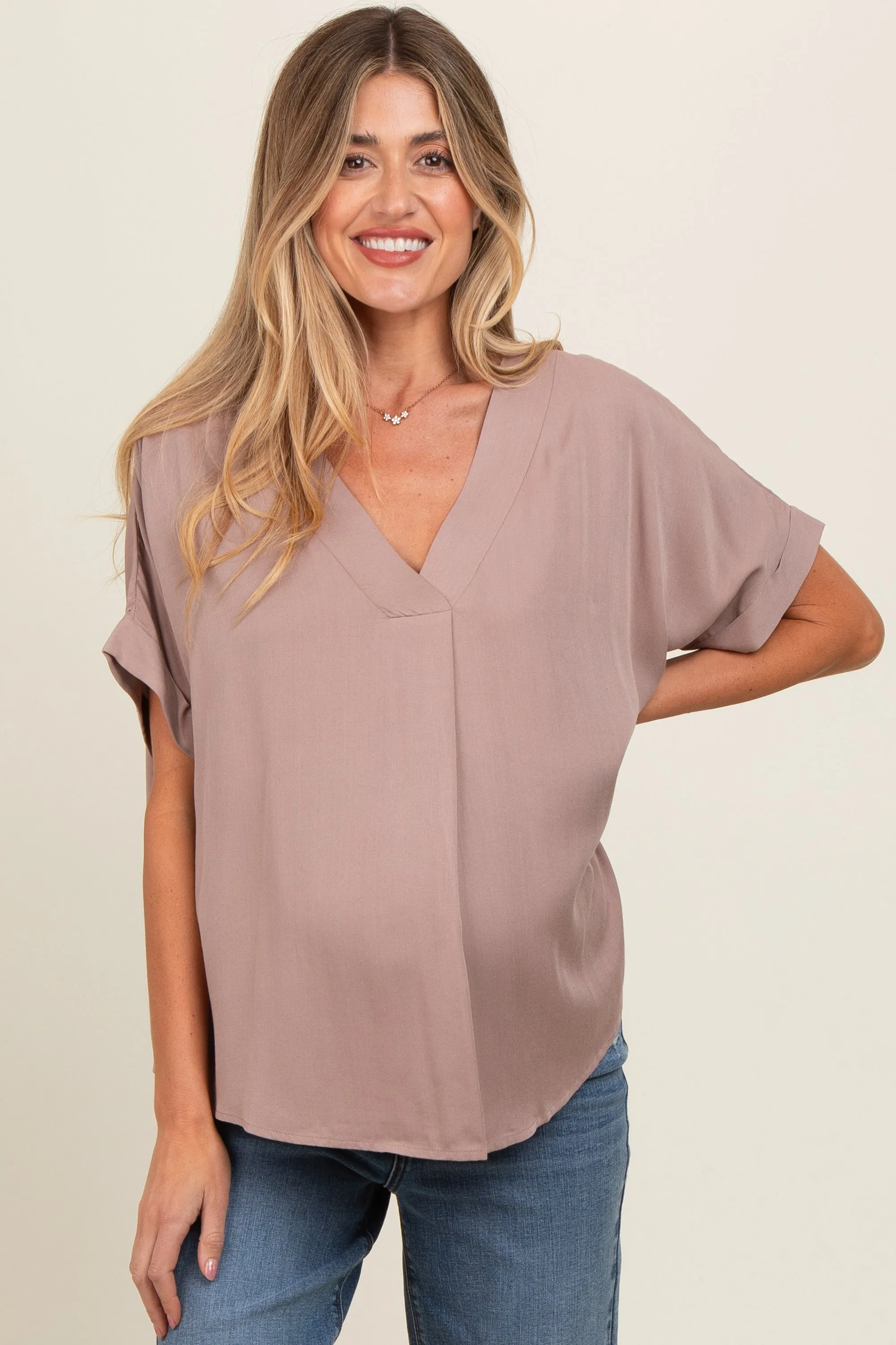 Mocha V-Neck Pin-Tuck Detail Maternity Top sold by Pinkblush