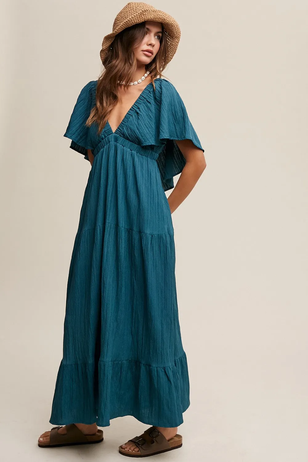 Emerald Deep V-Neck Flutter Sleeve Tiered Midi Dress sold by Pinkblush product image thumbnail 3