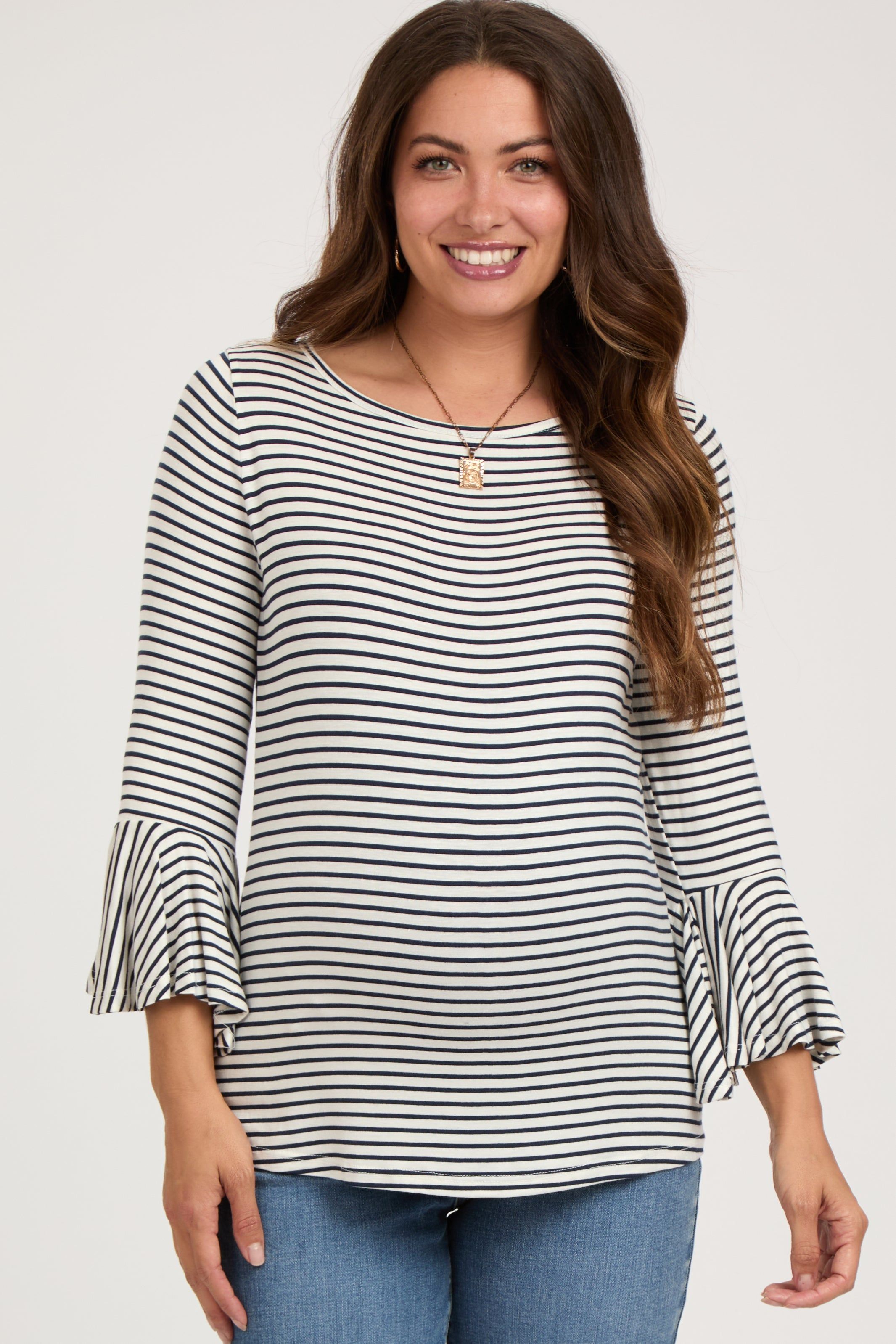 Navy Blue Striped Maternity 3/4 Sleeve Top sold by Pinkblush