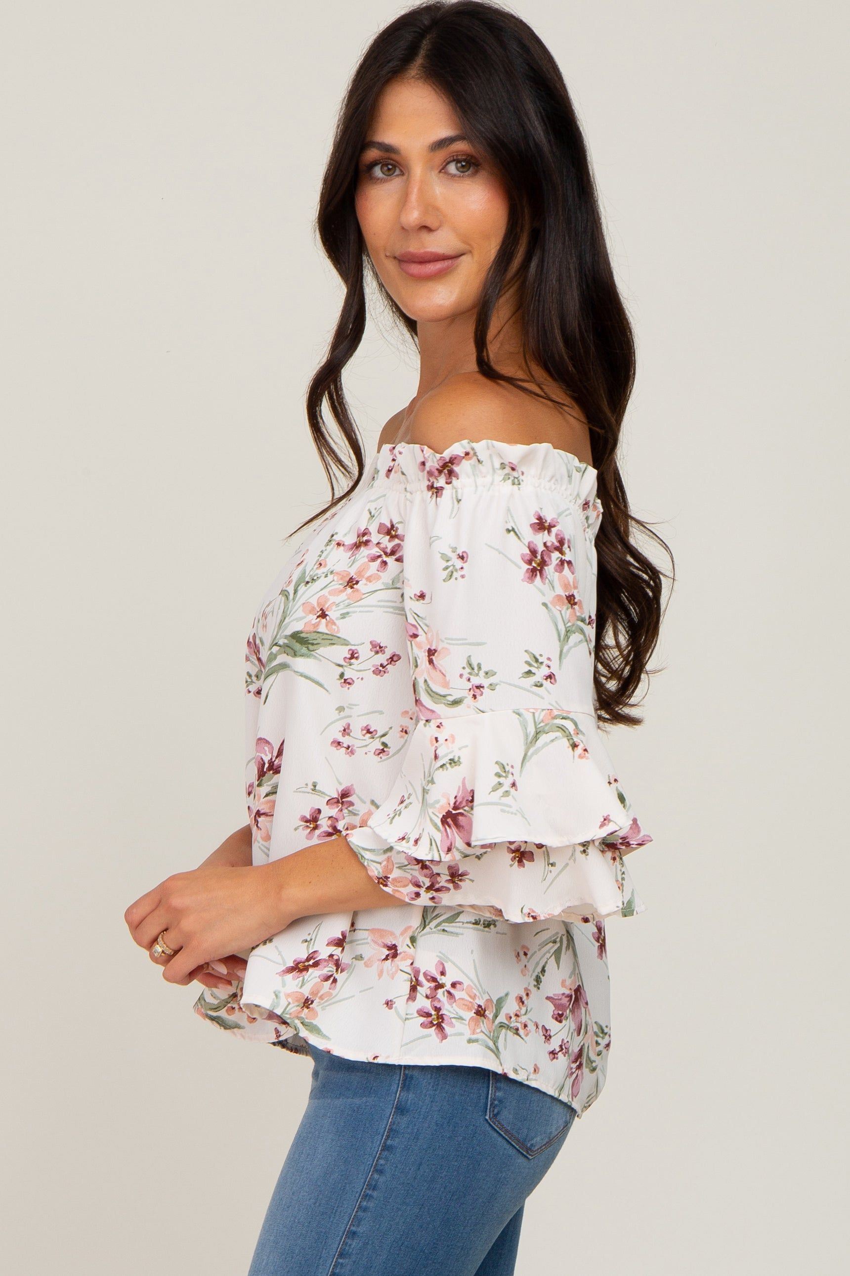 Cream Floral Off Shoulder Blouse sold by Pinkblush product image thumbnail 2