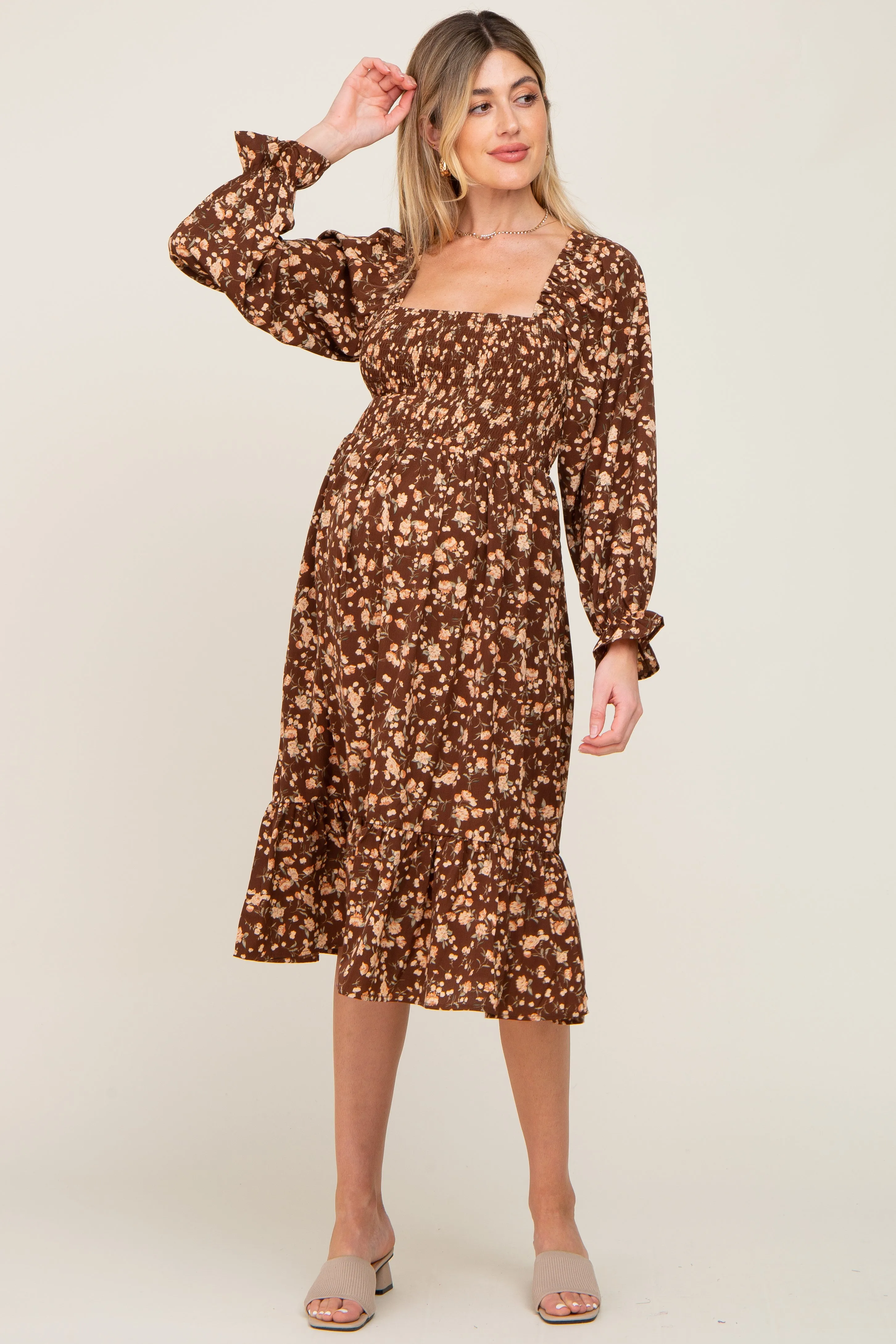 Brown Floral Smocked Long Sleeve Maternity Midi Dress sold by Pinkblush