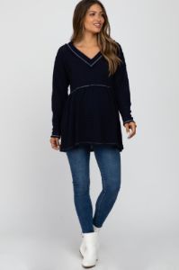 Navy Waffle Knit Maternity Peplum Top sold by Pinkblush