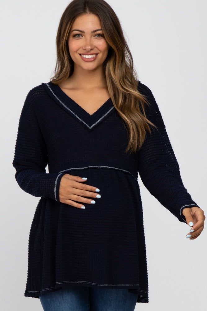 Navy Waffle Knit Maternity Peplum Top sold by Pinkblush