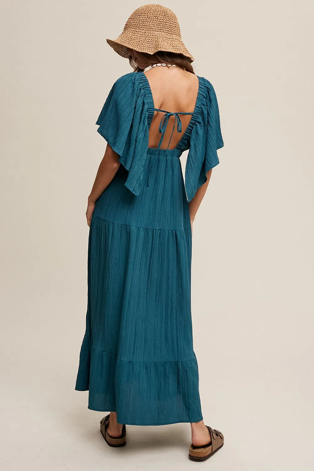 Emerald Deep V-Neck Flutter Sleeve Tiered Midi Dress sold by Pinkblush product image thumbnail 4