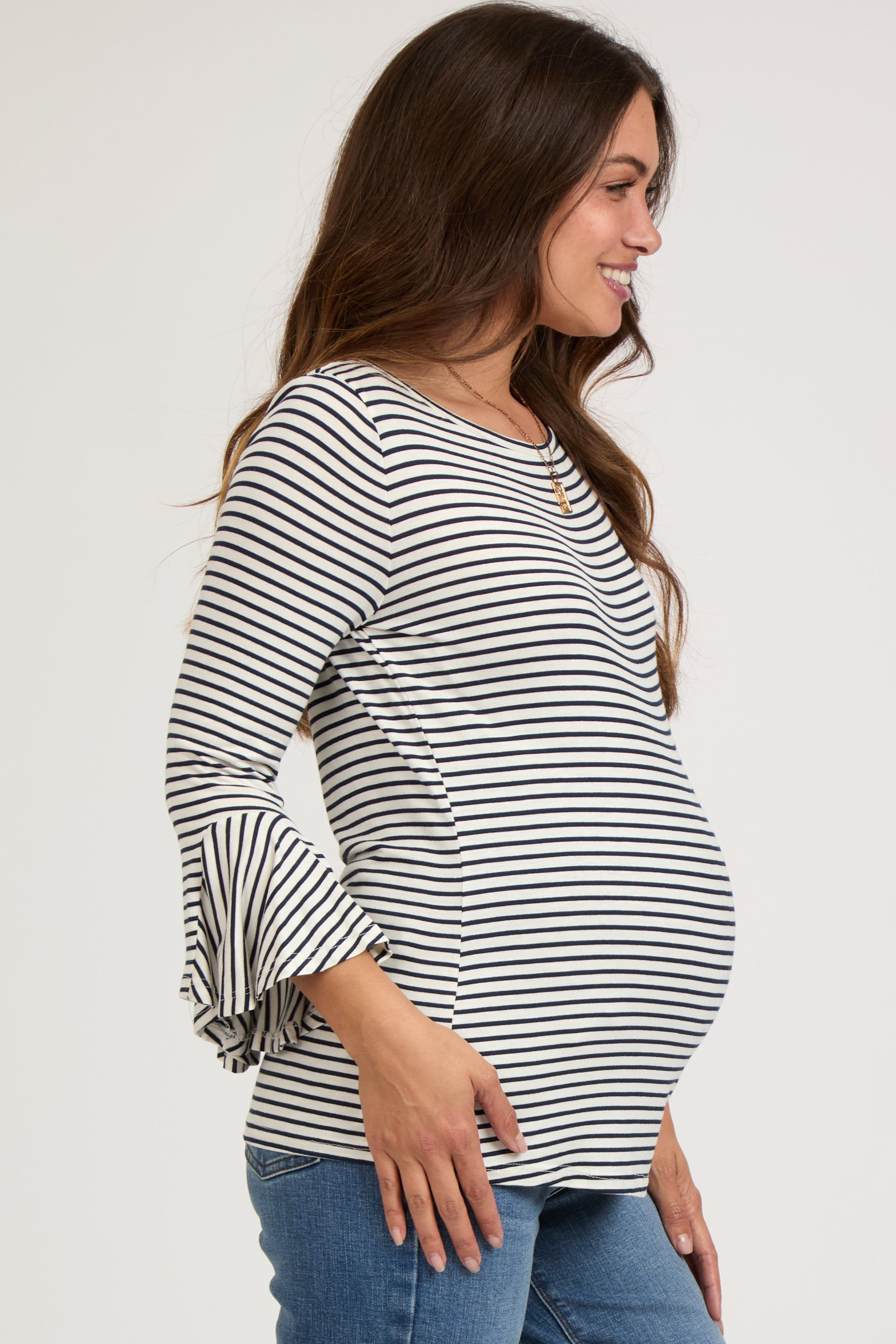 Navy Blue Striped Maternity 3/4 Sleeve Top sold by Pinkblush product image thumbnail 2