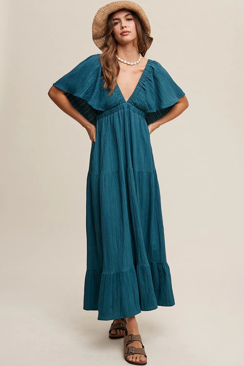Emerald Deep V-Neck Flutter Sleeve Tiered Midi Dress sold by Pinkblush