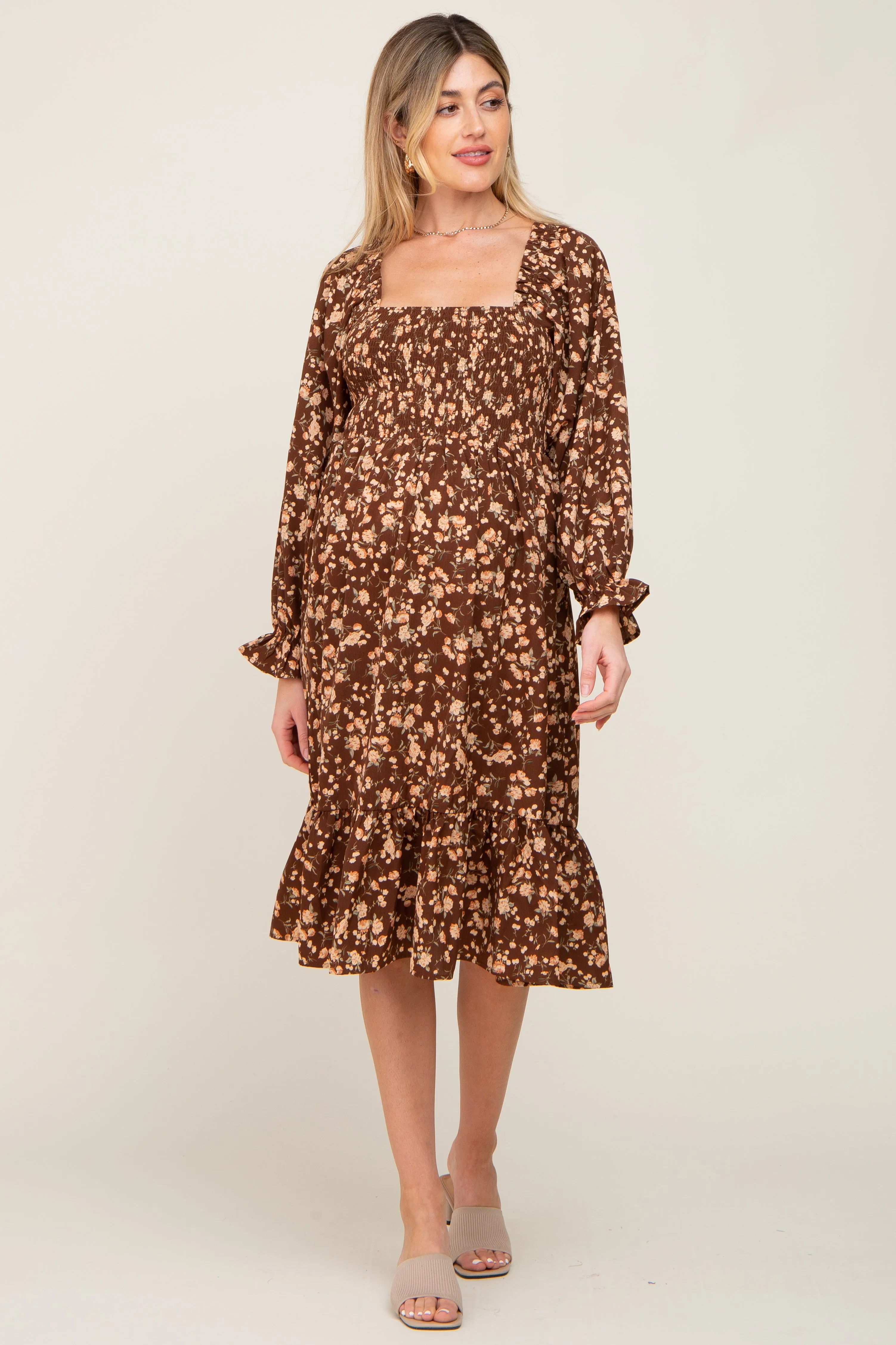 Brown Floral Smocked Long Sleeve Maternity Midi Dress sold by Pinkblush product image thumbnail 5