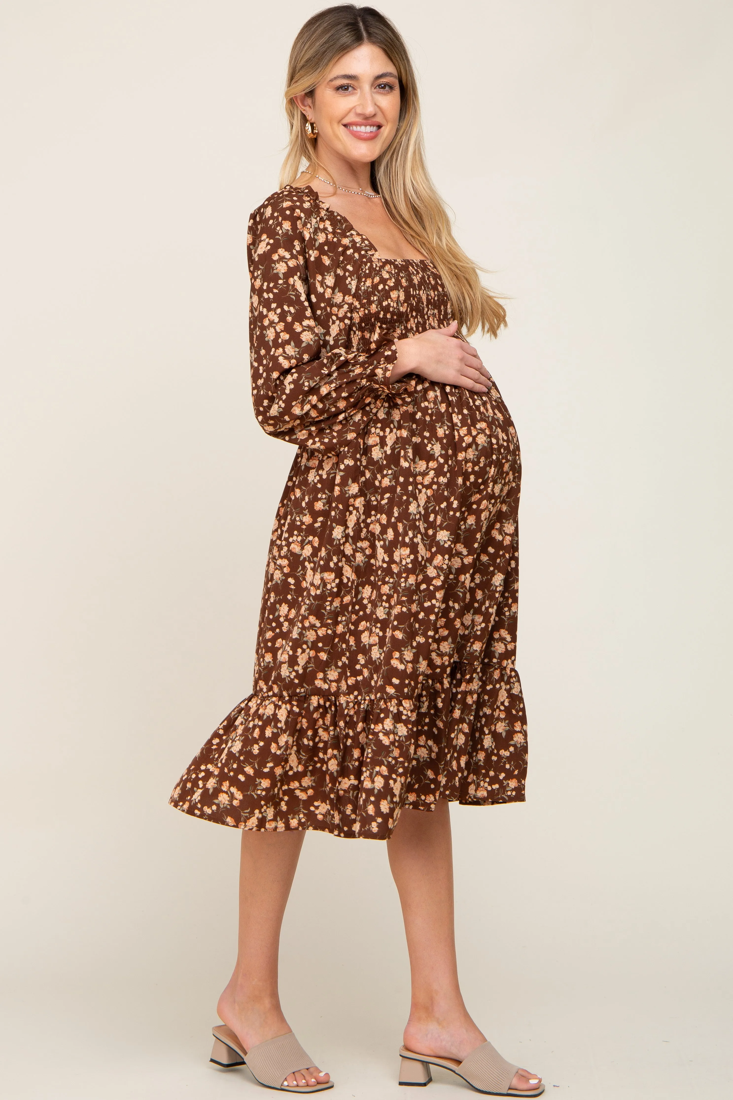 Brown Floral Smocked Long Sleeve Maternity Midi Dress sold by Pinkblush product image thumbnail 2