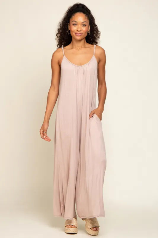 Taupe Basic Cropped Wide Leg Jumpsuit sold by Pinkblush