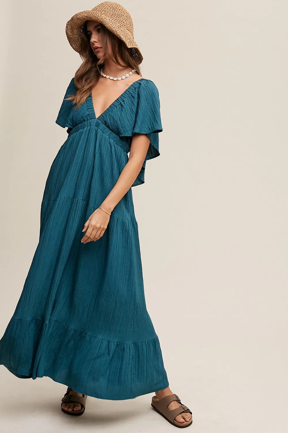 Emerald Deep V-Neck Flutter Sleeve Tiered Midi Dress sold by Pinkblush product image thumbnail 2