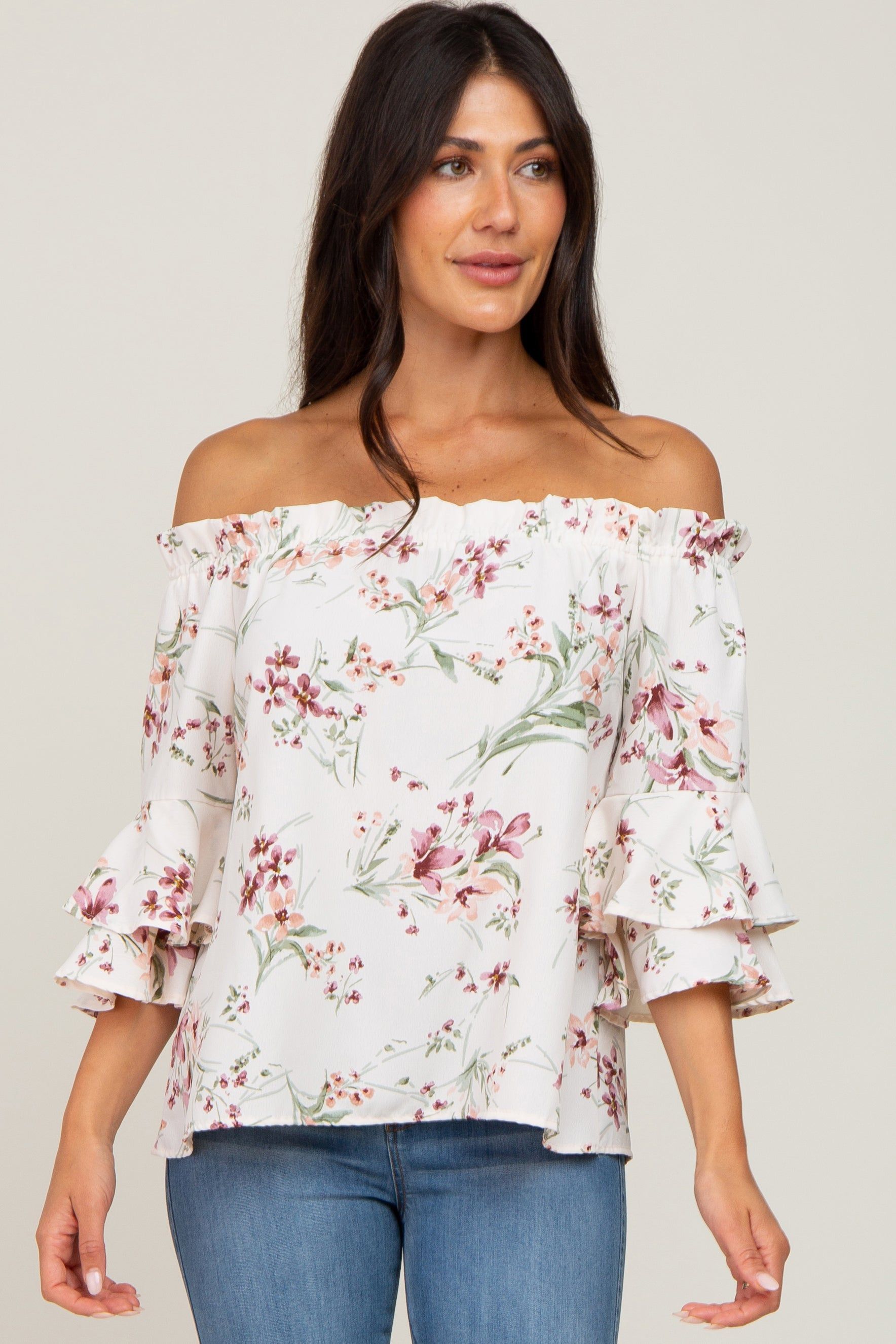 Cream Floral Off Shoulder Blouse sold by Pinkblush