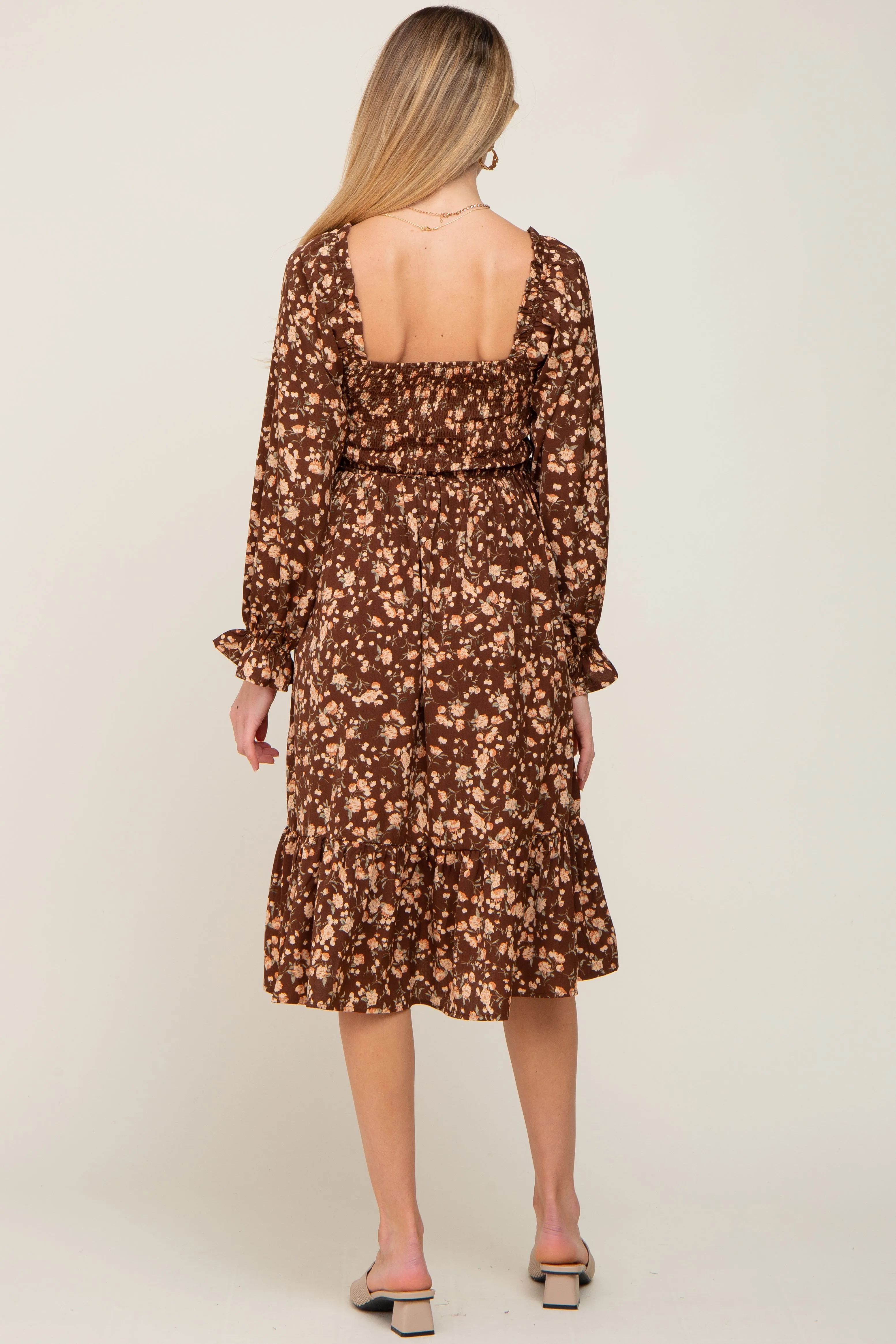 Brown Floral Smocked Long Sleeve Maternity Midi Dress sold by Pinkblush product image thumbnail 3