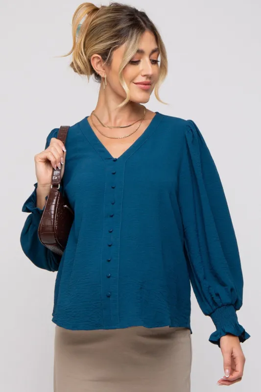 Teal Button Front Long Smocked Sleeve Maternity Blouse sold by Pinkblush