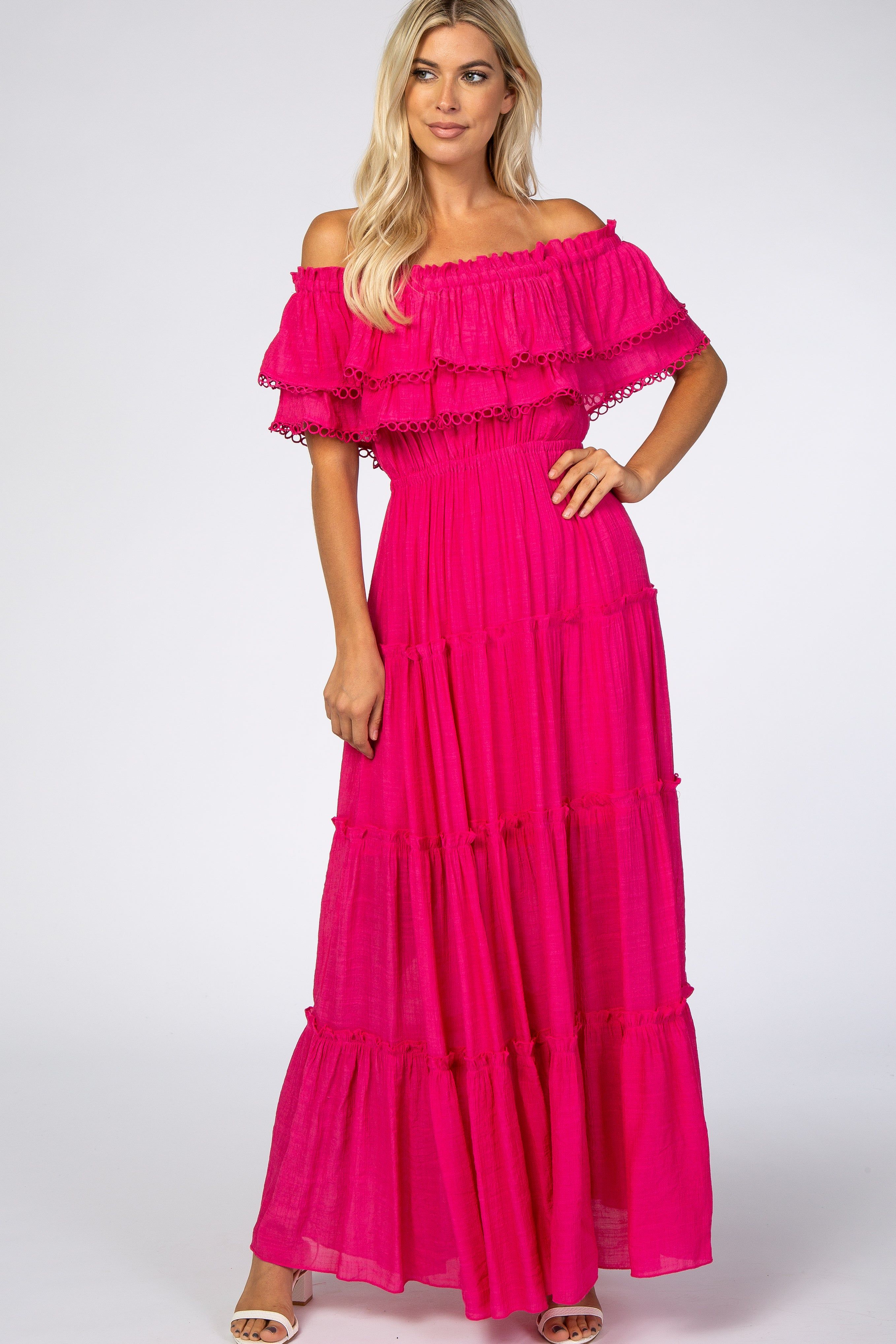 Fuchsia Eyelet Off Shoulder Tiered Maxi Dress sold by Pinkblush
