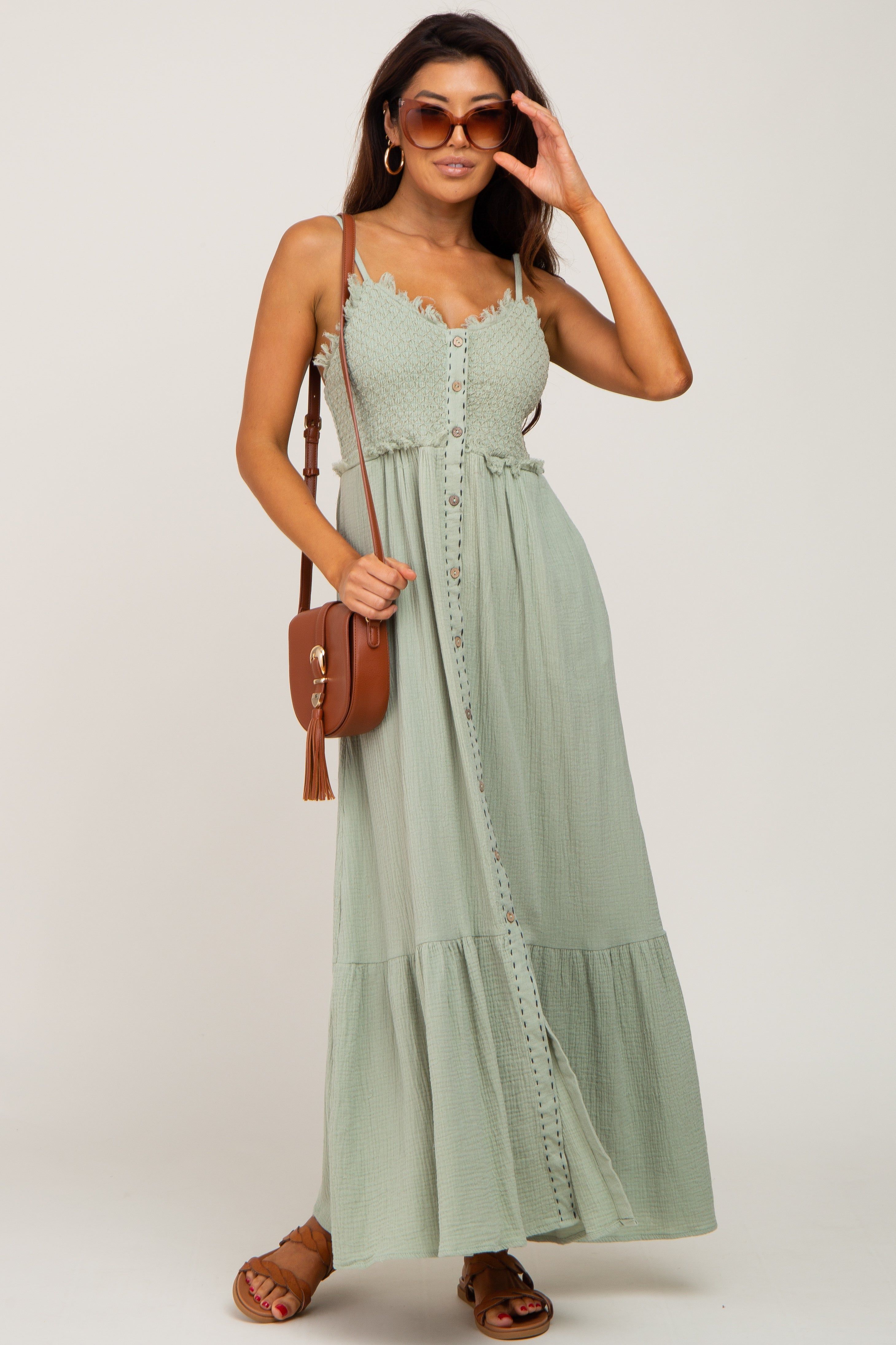Light Olive Smocked Button Front Maternity Maxi Dress sold by Pinkblush product image thumbnail 5