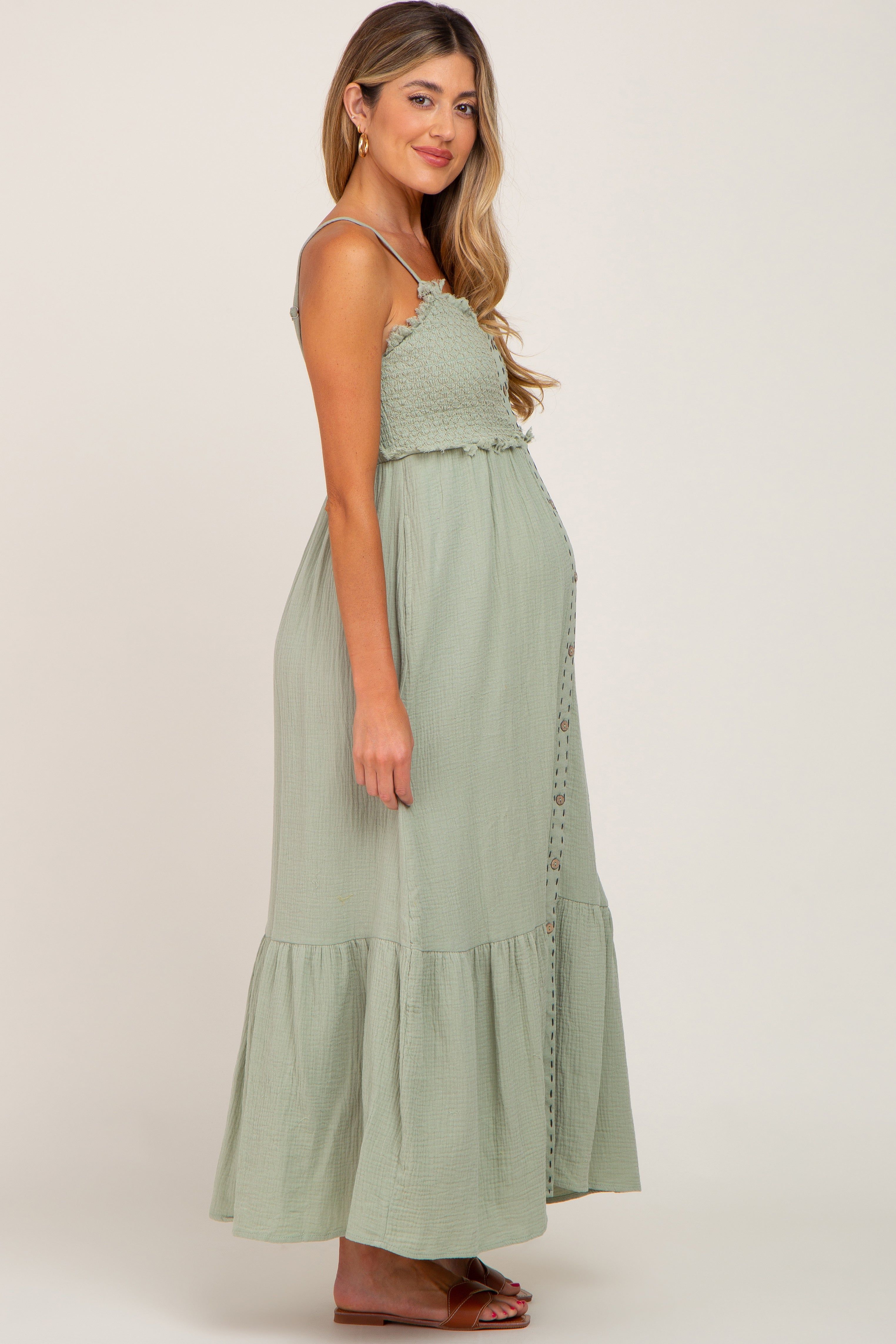 Light Olive Smocked Button Front Maternity Maxi Dress sold by Pinkblush product image thumbnail 2