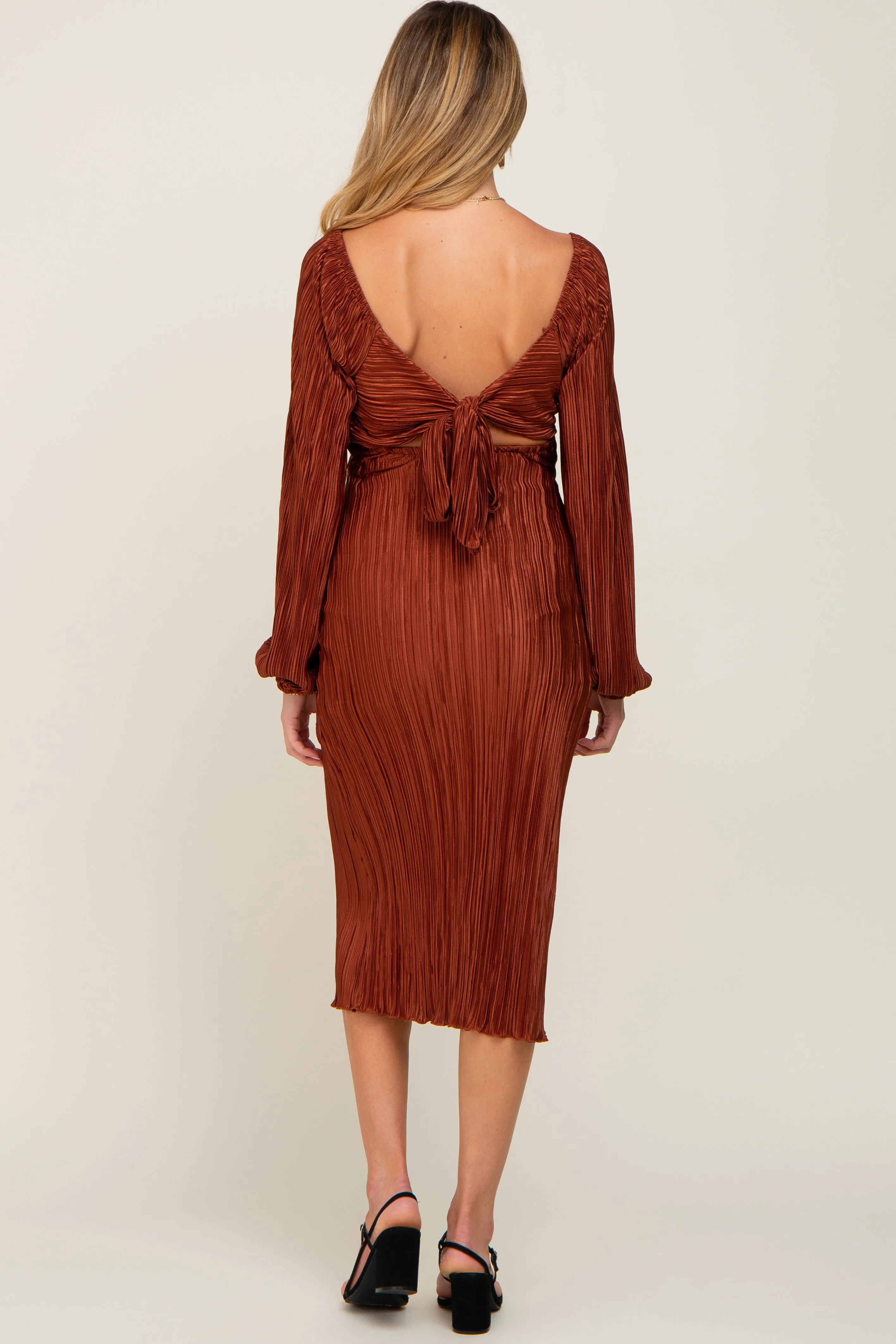 Rust Pleated Front Cutout Back Tie Maternity Midi Dress sold by Pinkblush product image thumbnail 3