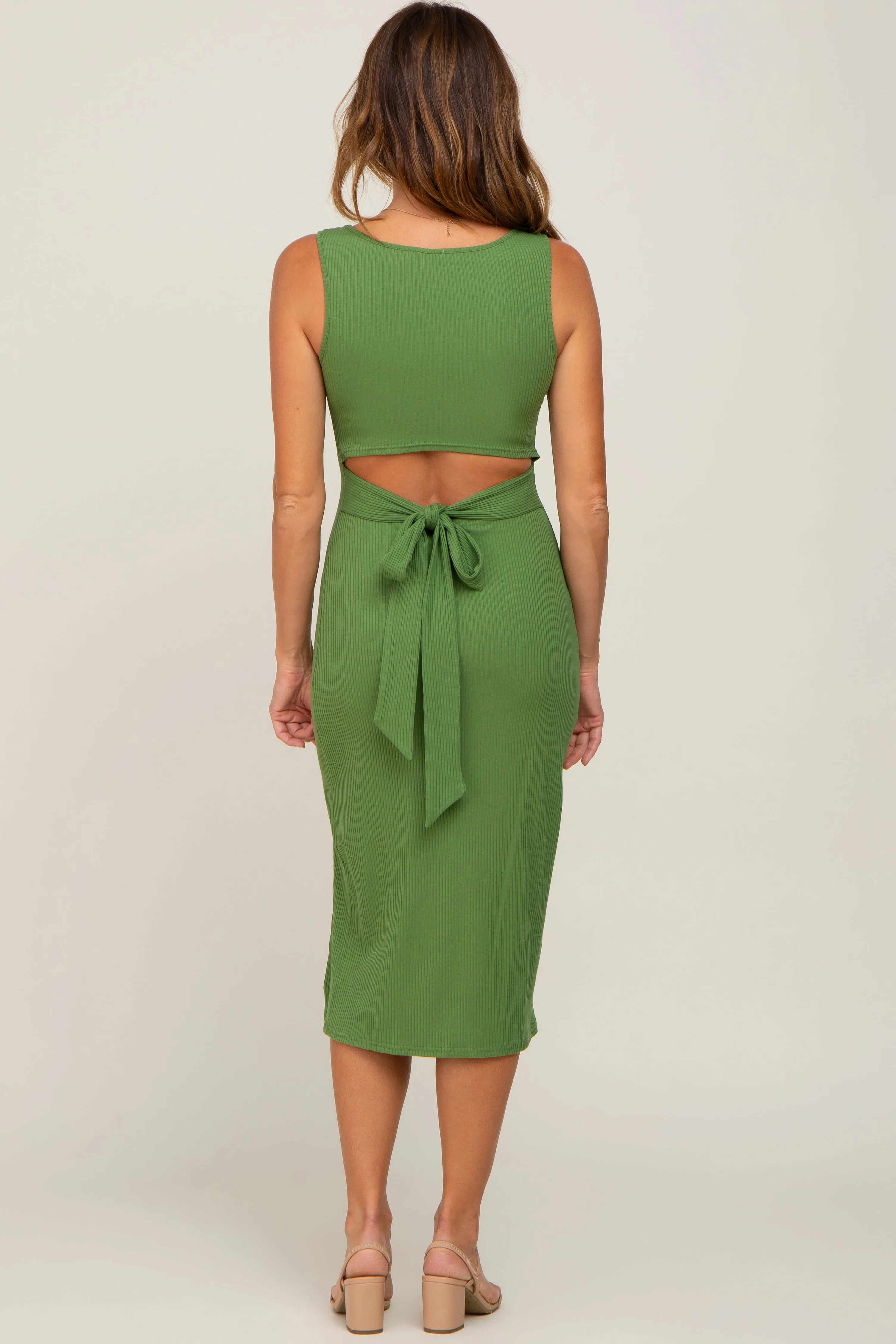 Olive Ribbed Back Cutout Midi Dress sold by Pinkblush product image thumbnail 3
