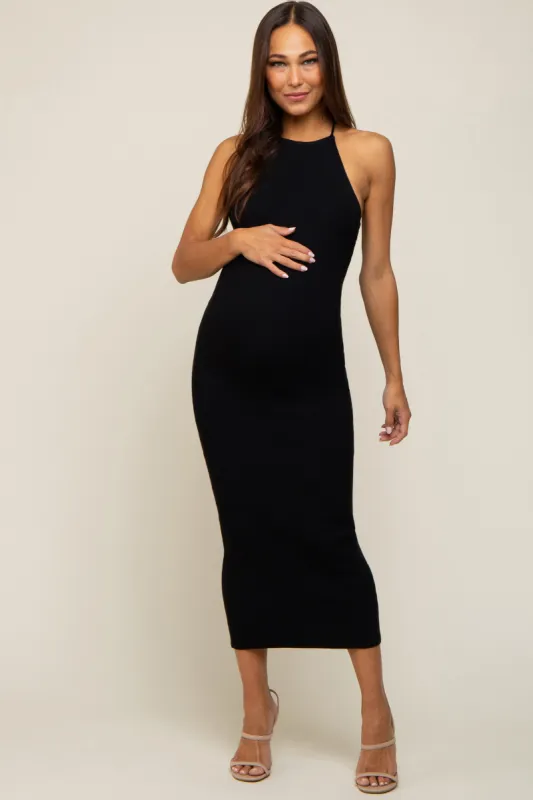 Black Rib Knit Cutout Criss Cross Back Maternity Maxi Dress sold by Pinkblush