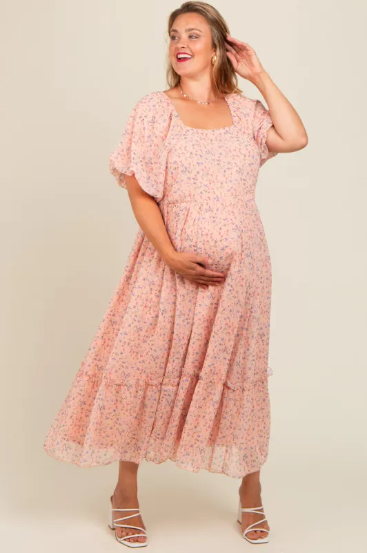 Peach Floral Ruffle Hem Maternity Plus Maxi Dress sold by Pinkblush