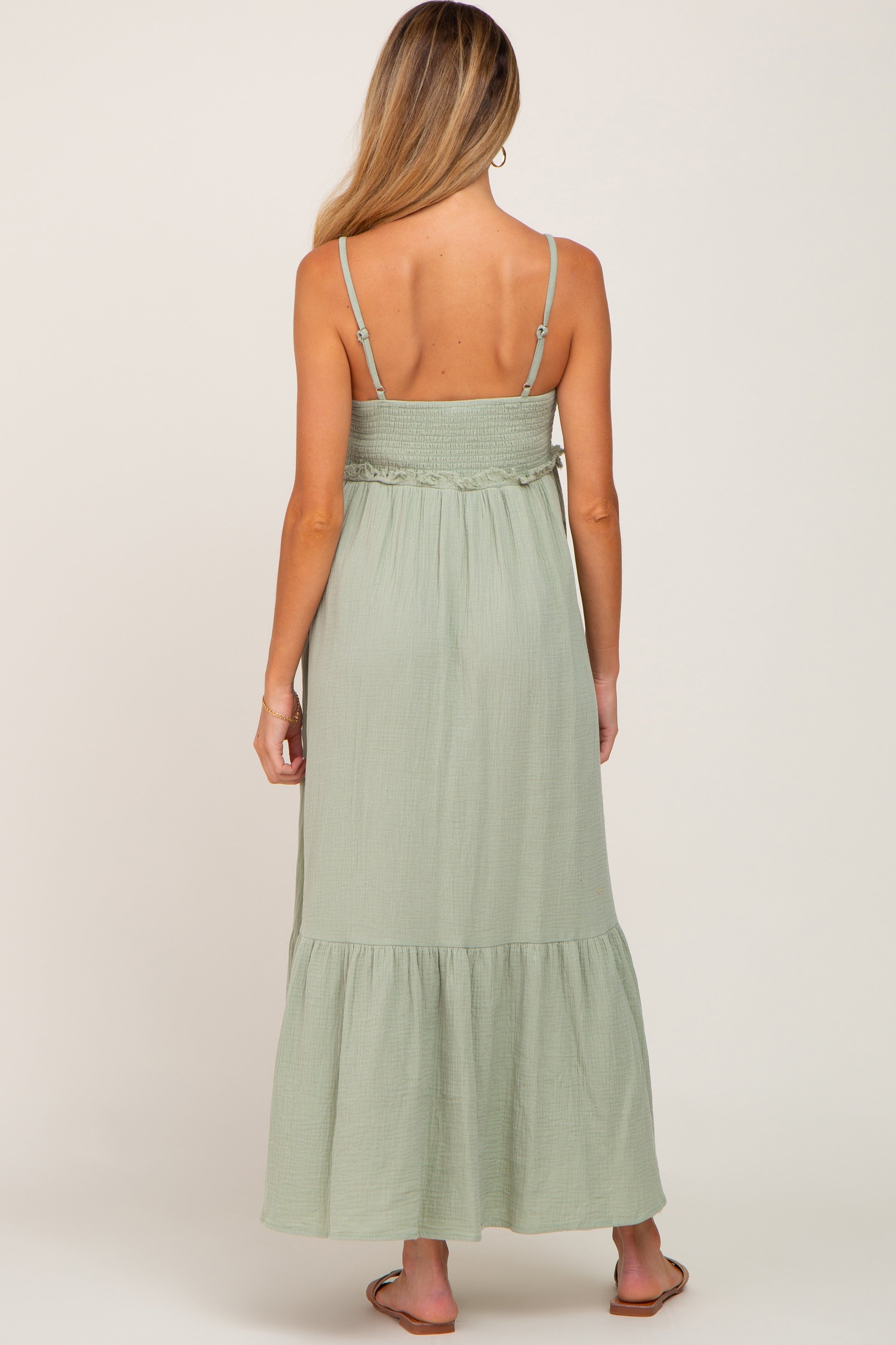 Light Olive Smocked Button Front Maternity Maxi Dress sold by Pinkblush product image thumbnail 3