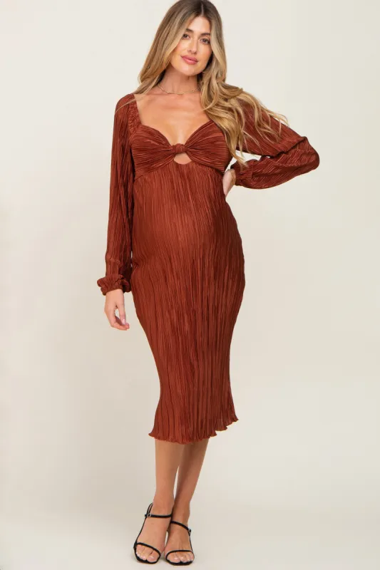 Rust Pleated Front Cutout Back Tie Maternity Midi Dress sold by Pinkblush