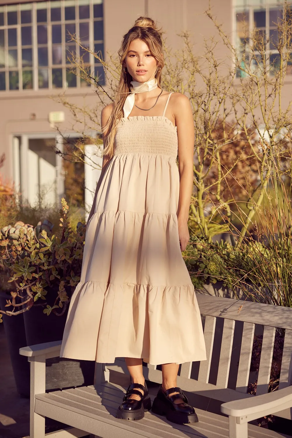 Beige Smocked Cut-Out Back Tiered Midi Dress sold by Pinkblush