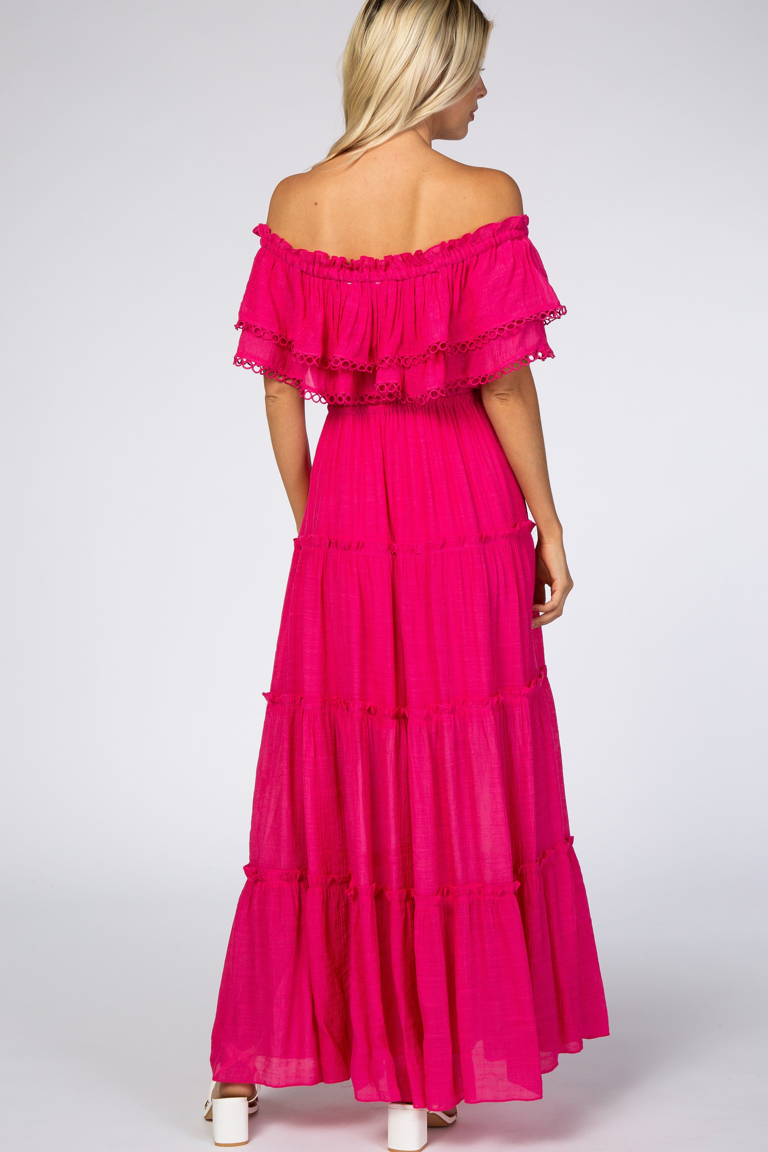 Fuchsia Eyelet Off Shoulder Tiered Maxi Dress sold by Pinkblush product image thumbnail 3