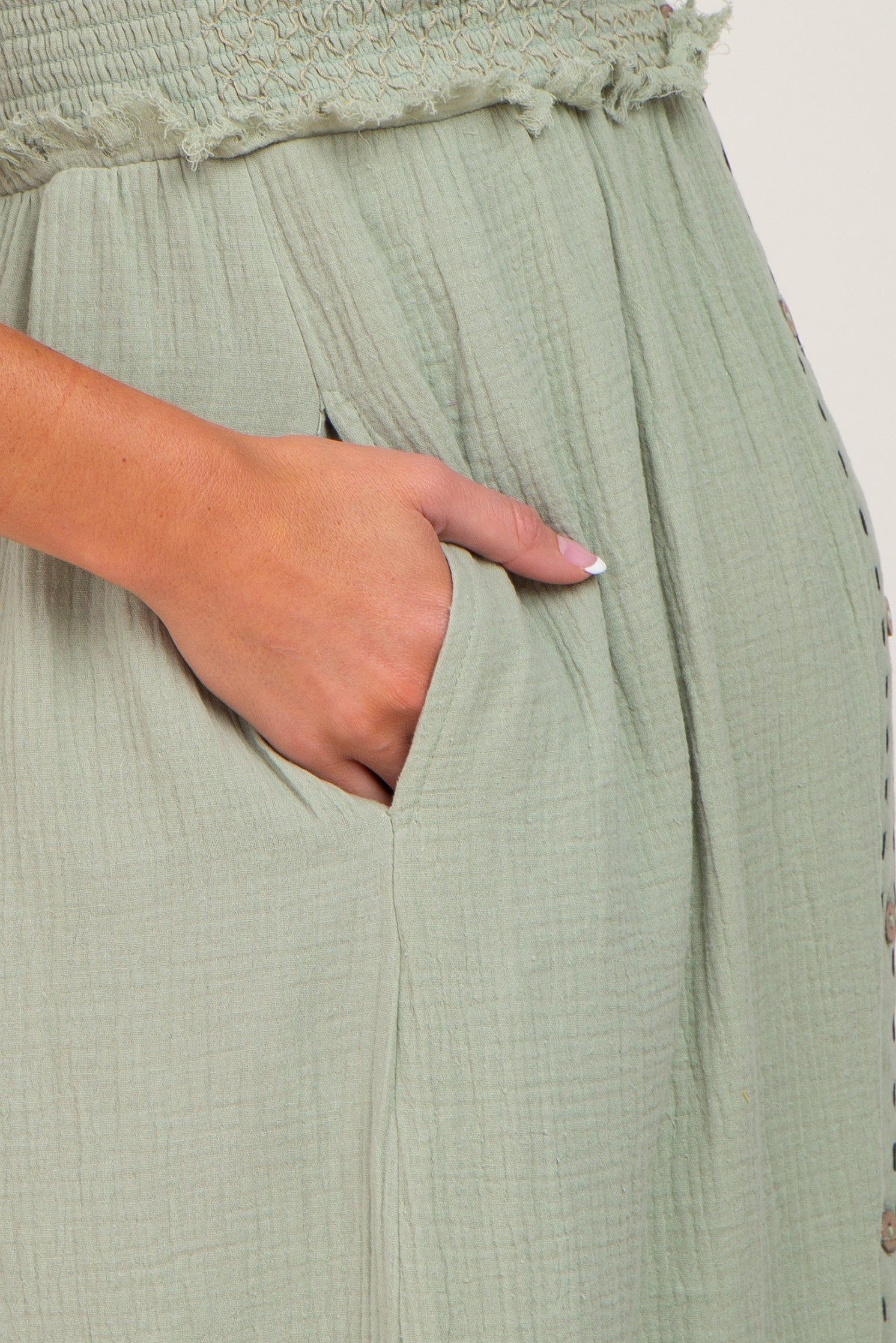 Light Olive Smocked Button Front Maternity Maxi Dress sold by Pinkblush product image thumbnail 4