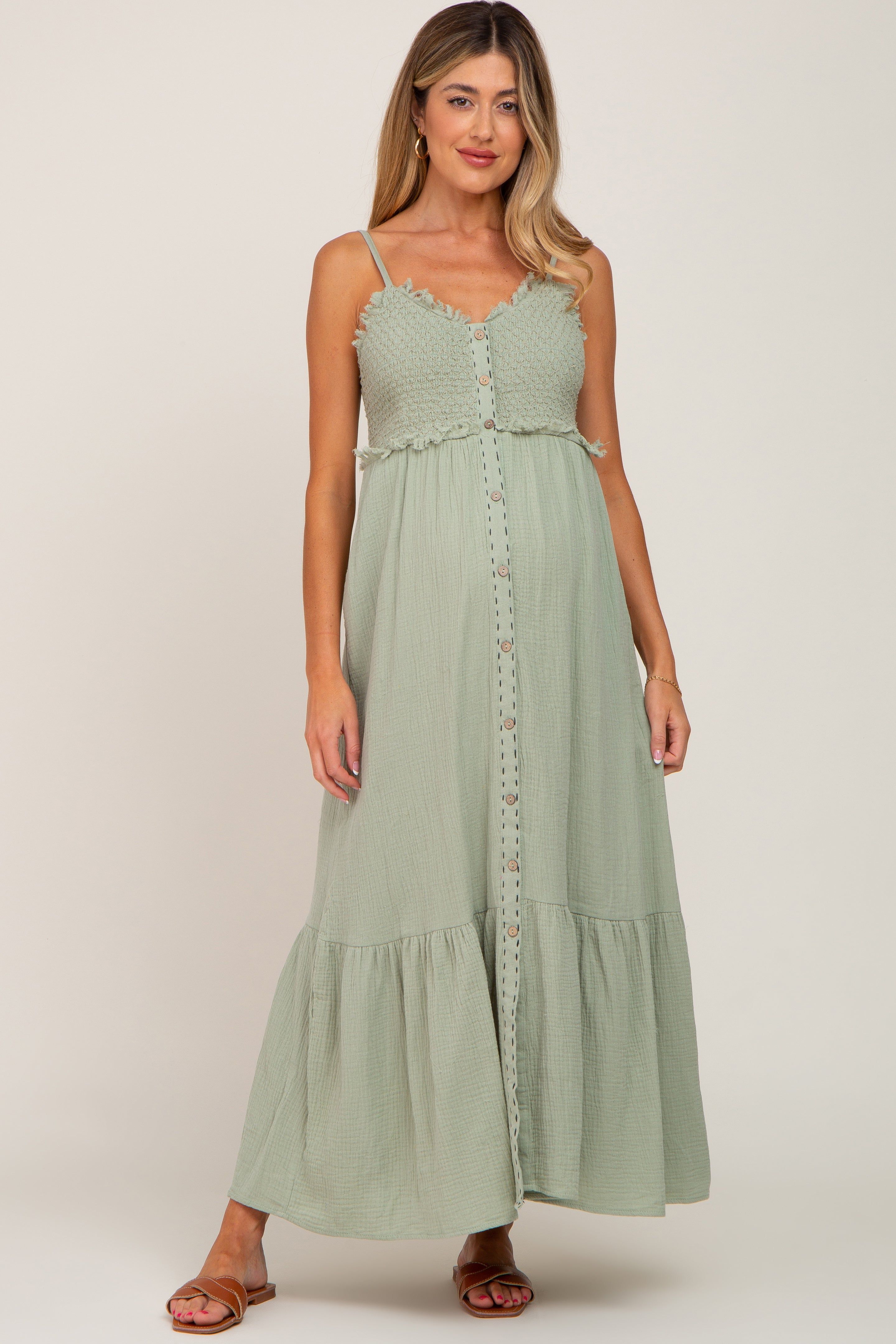 Light Olive Smocked Button Front Maternity Maxi Dress sold by Pinkblush