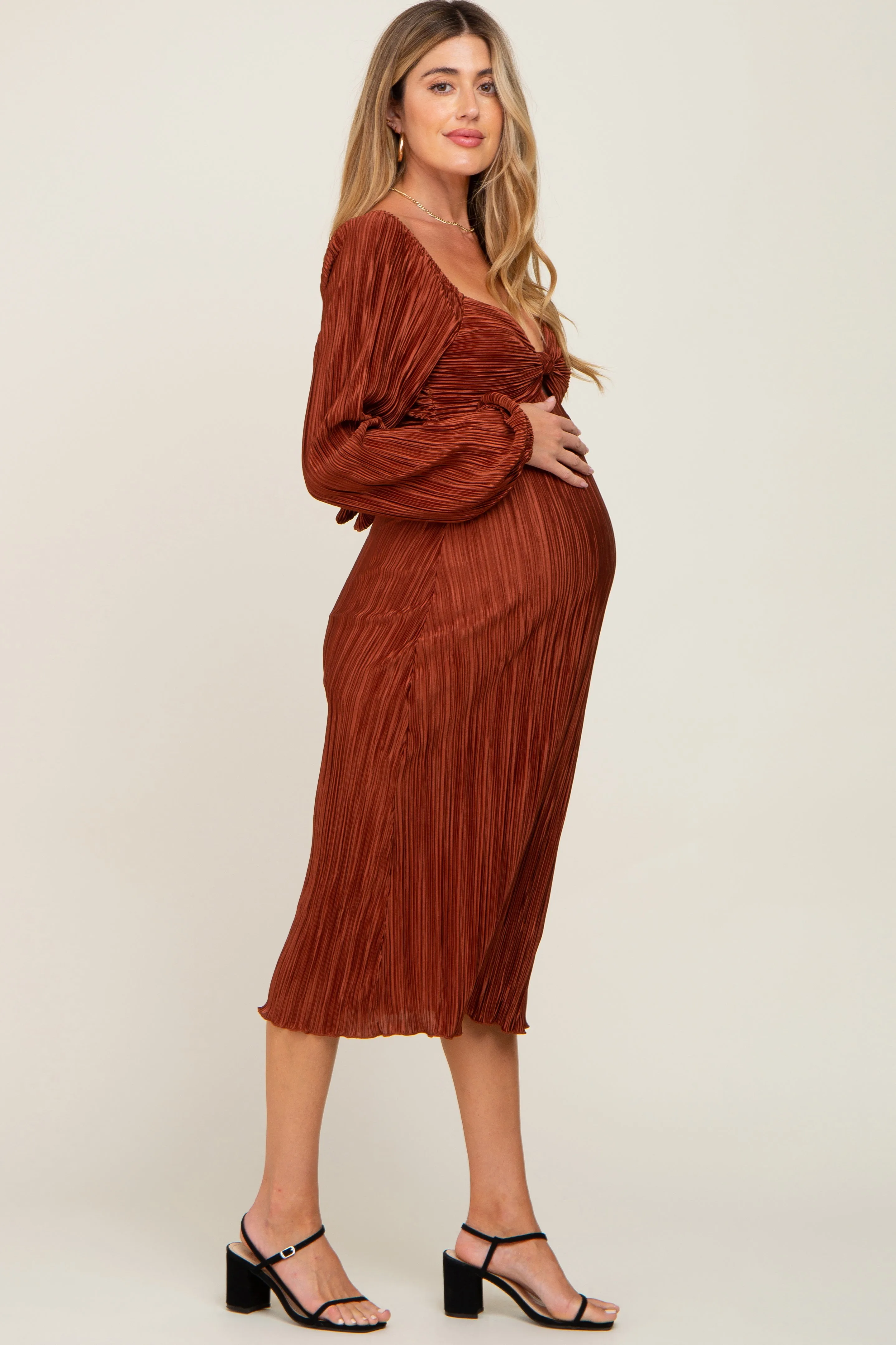 Rust Pleated Front Cutout Back Tie Maternity Midi Dress sold by Pinkblush product image thumbnail 2