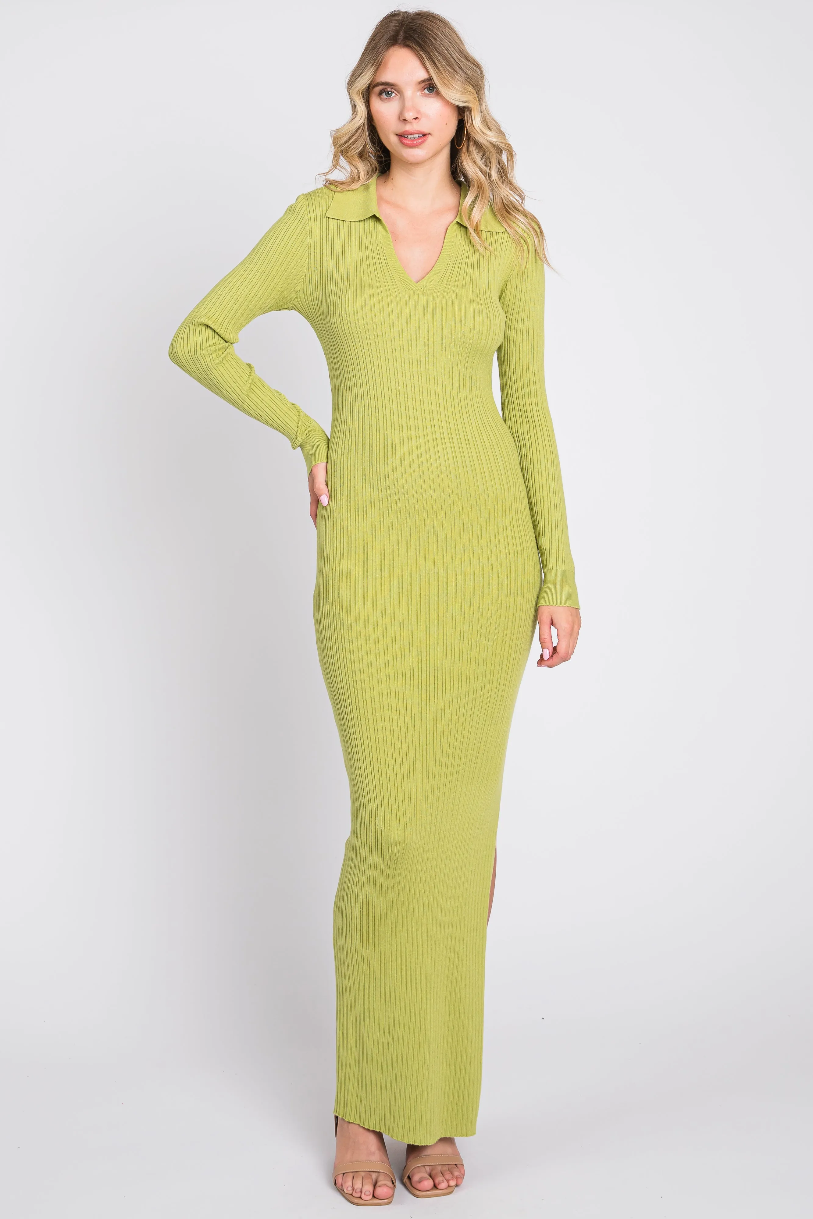 Lime Rib Knit Collared Maternity Maxi Dress sold by Pinkblush product image thumbnail 4
