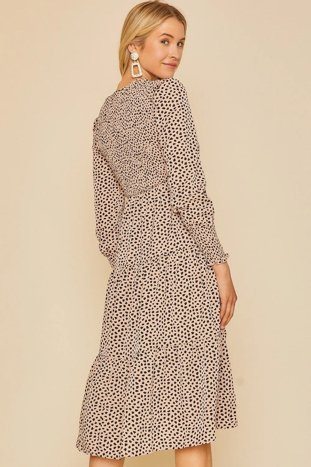 Latte Leopard Printed Smocking Bodice Tiered Midi Dress sold by Pinkblush product image thumbnail 3