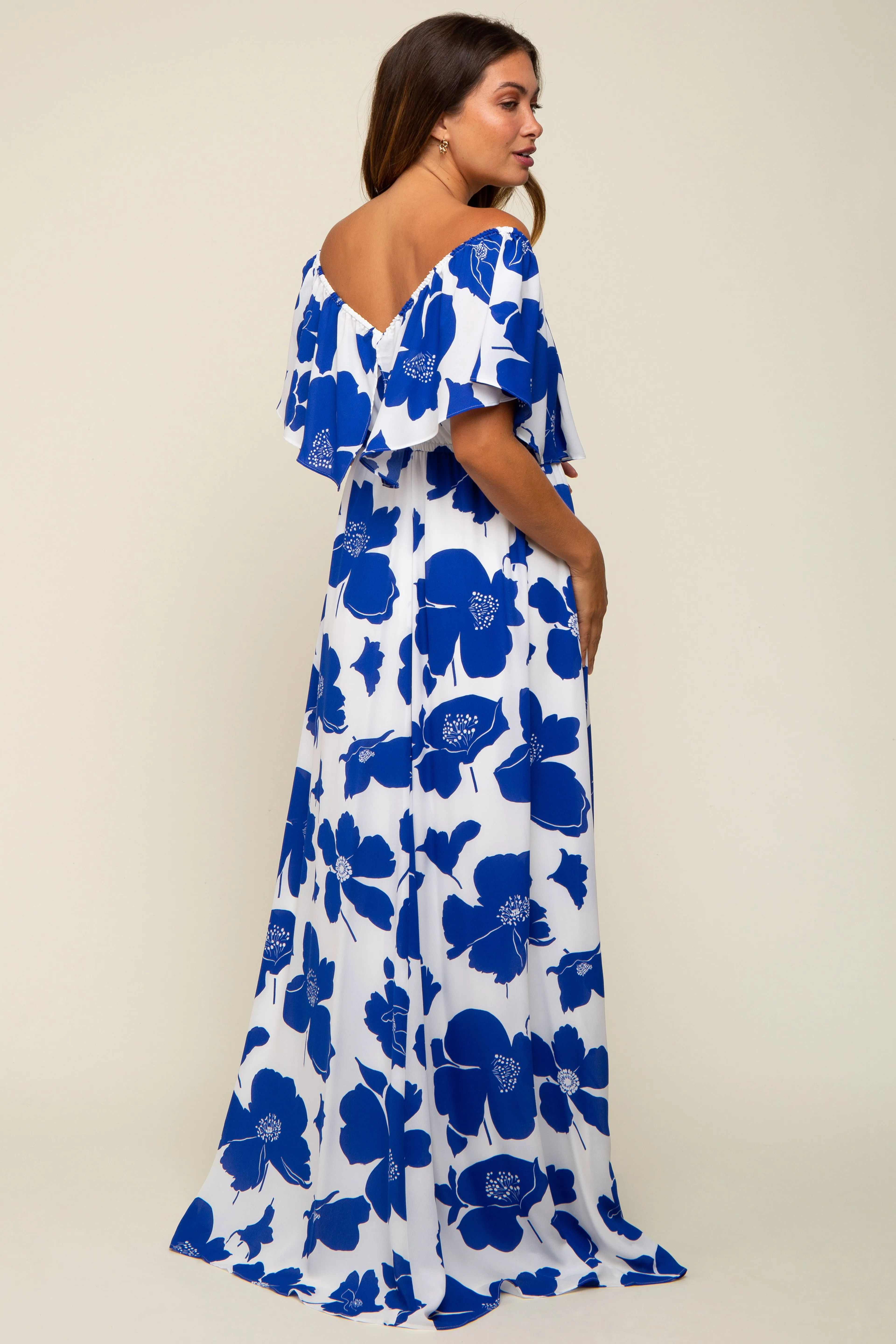 White Floral Off Shoulder Flounce Maternity Maxi Dress sold by Pinkblush product image thumbnail 4