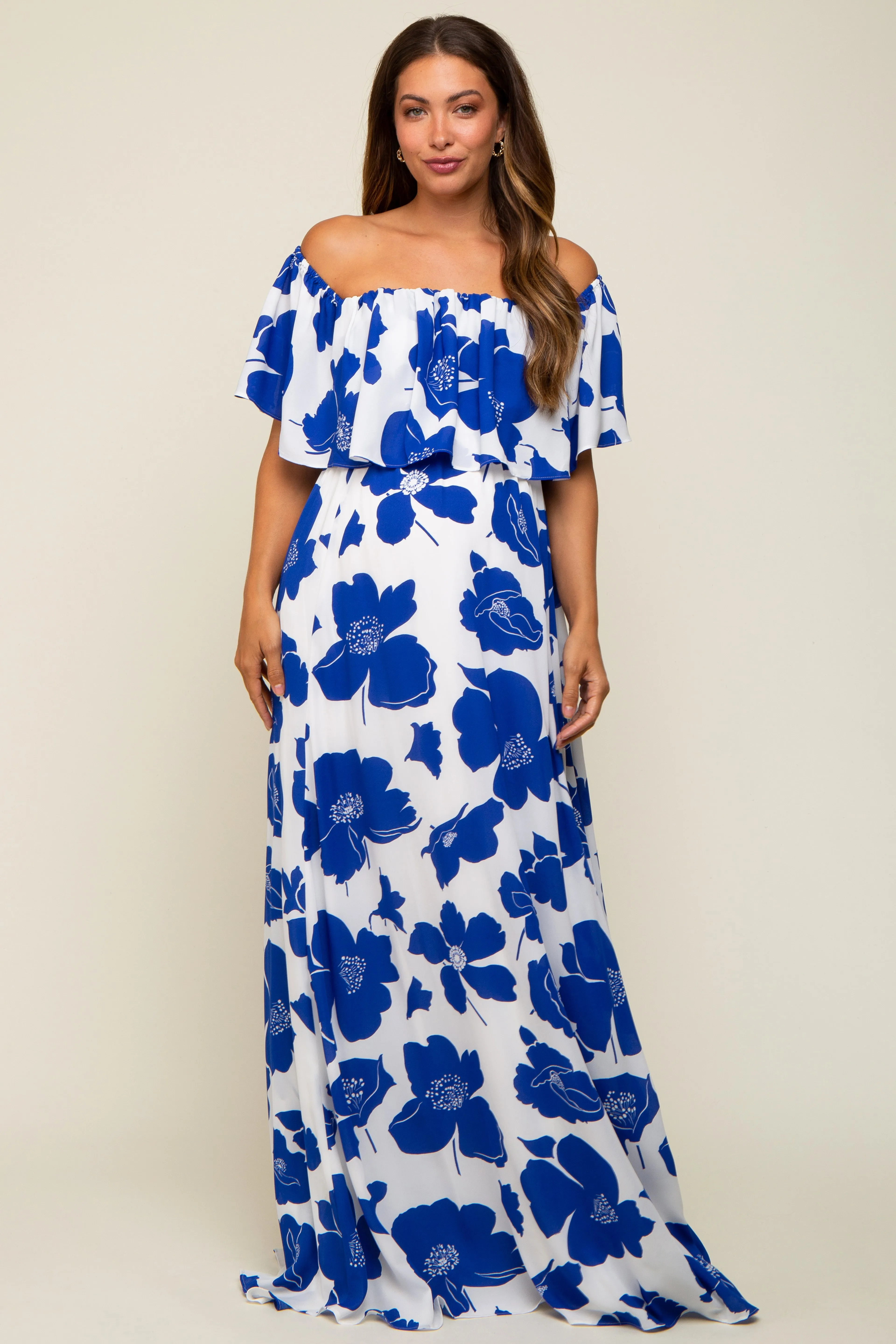 White Floral Off Shoulder Flounce Maternity Maxi Dress sold by Pinkblush
