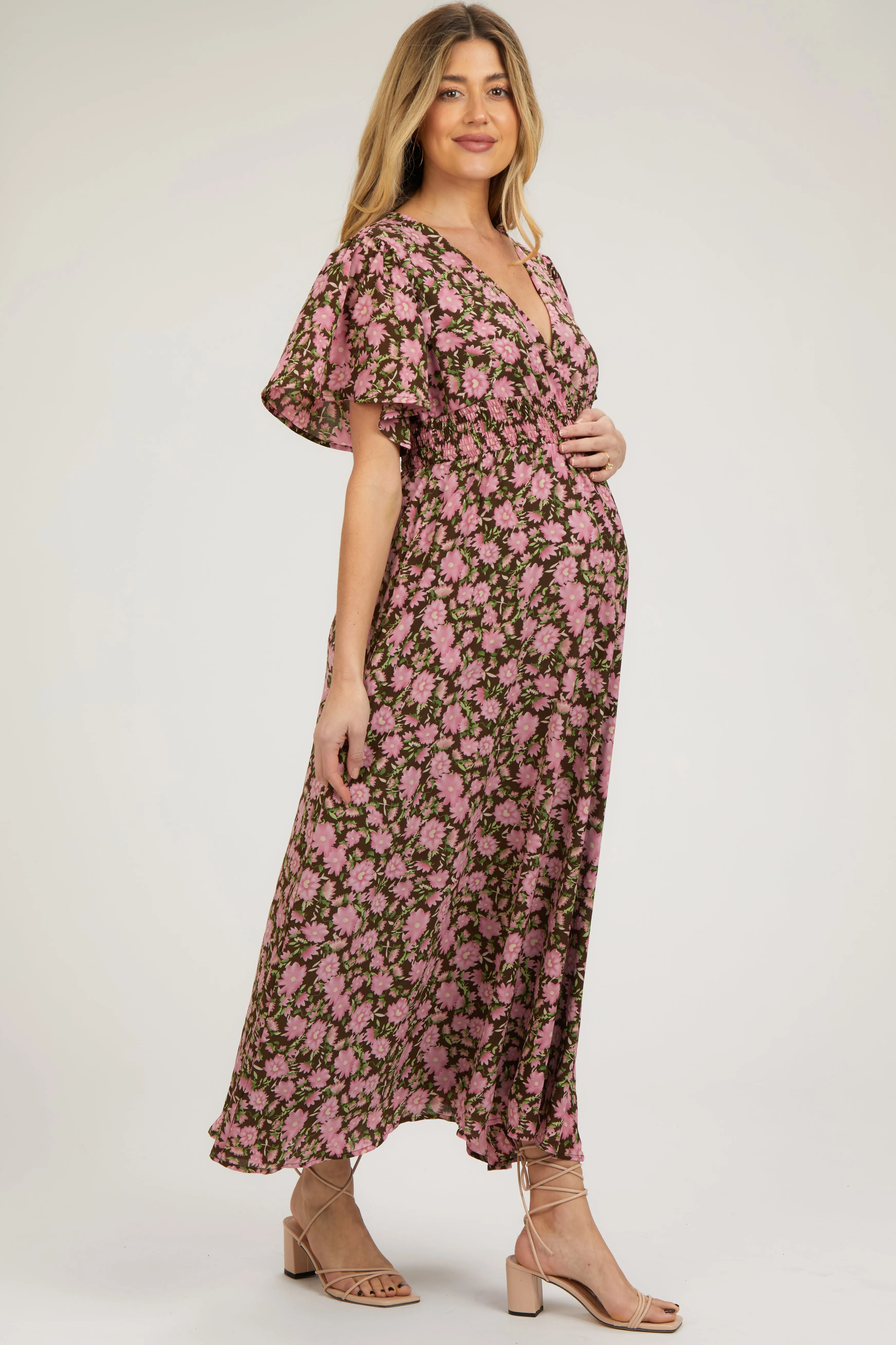 Brown Floral Smocked Waist Maternity Maxi Dress sold by Pinkblush product image thumbnail 3