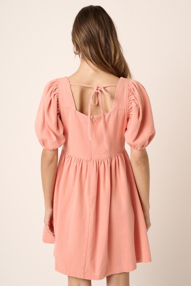 Coral Washed Denim Puff Sleeve Babydoll Dress sold by Pinkblush product image thumbnail 2