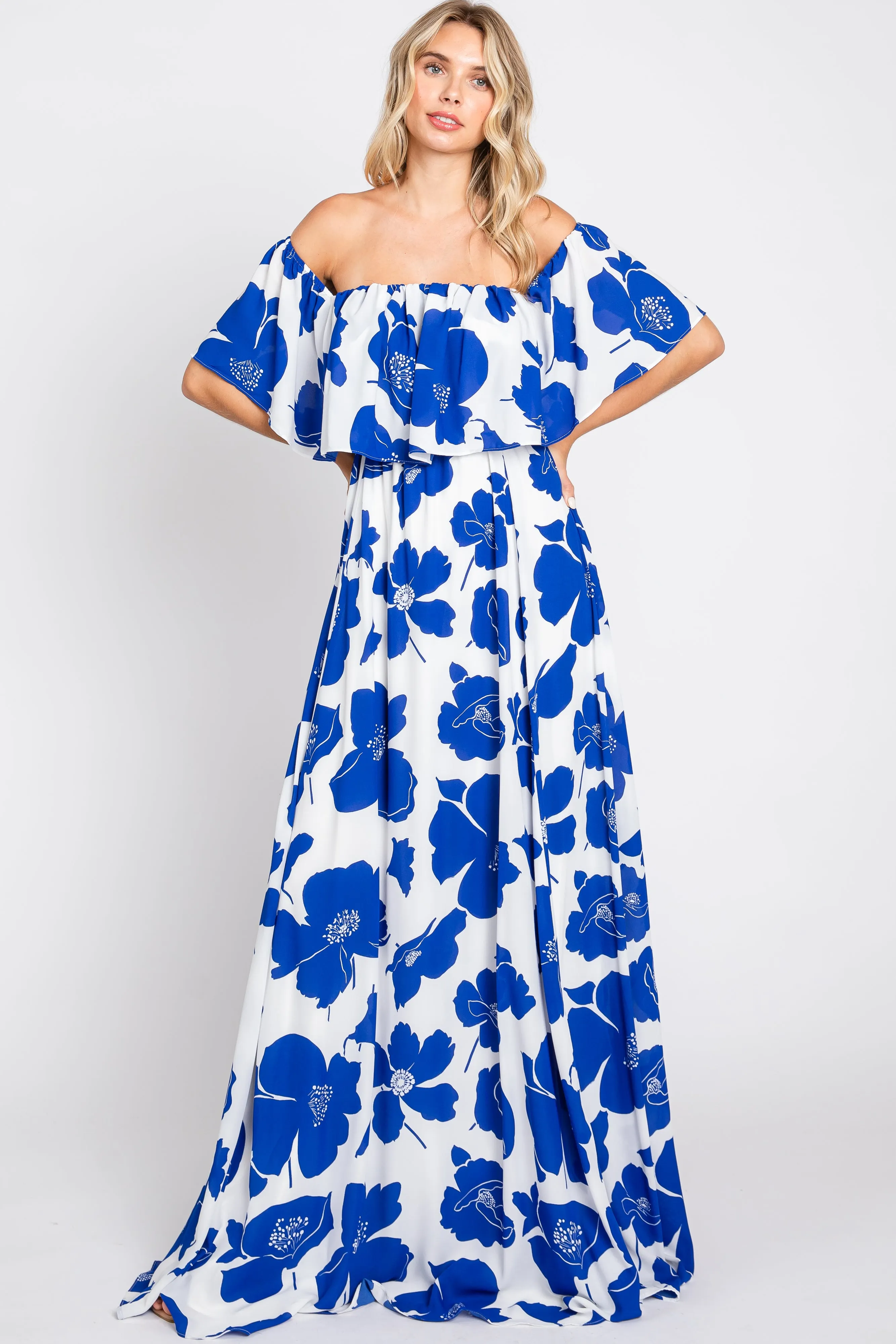 White Floral Off Shoulder Flounce Maternity Maxi Dress sold by Pinkblush product image thumbnail 5
